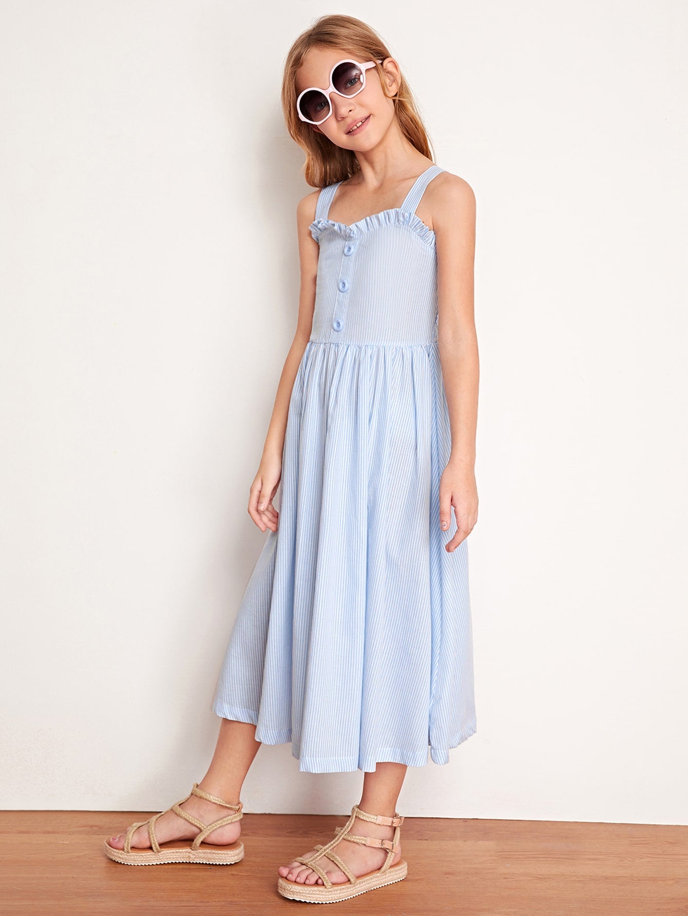 Girls Ruffle Trim Buttoned Front Shirred Back Striped Dress