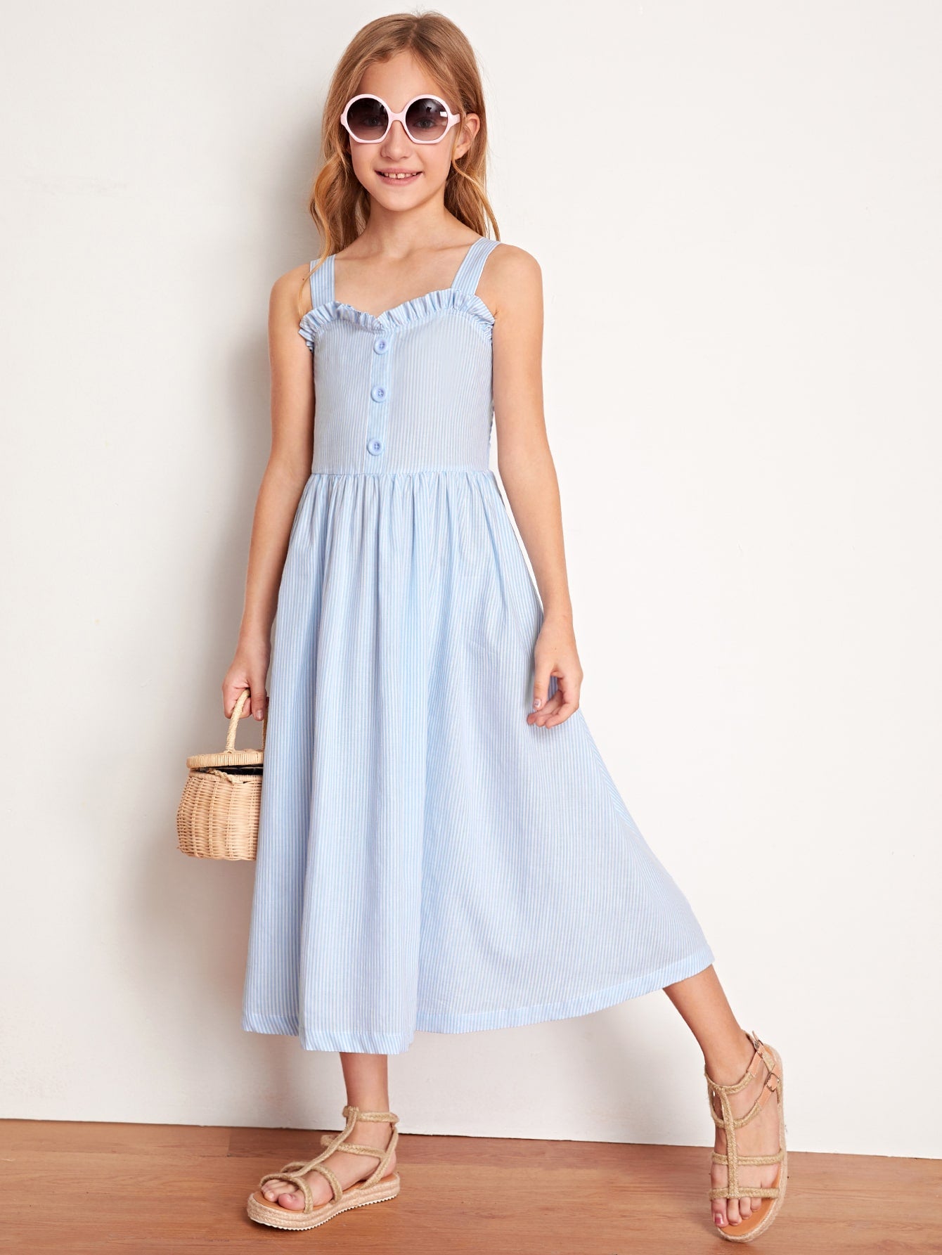 Girls Ruffle Trim Buttoned Front Shirred Back Striped Dress
