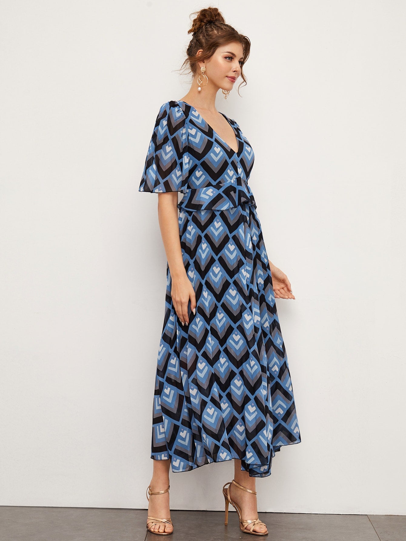 Ruffle Trim Keyhole Back Chiffon Dress