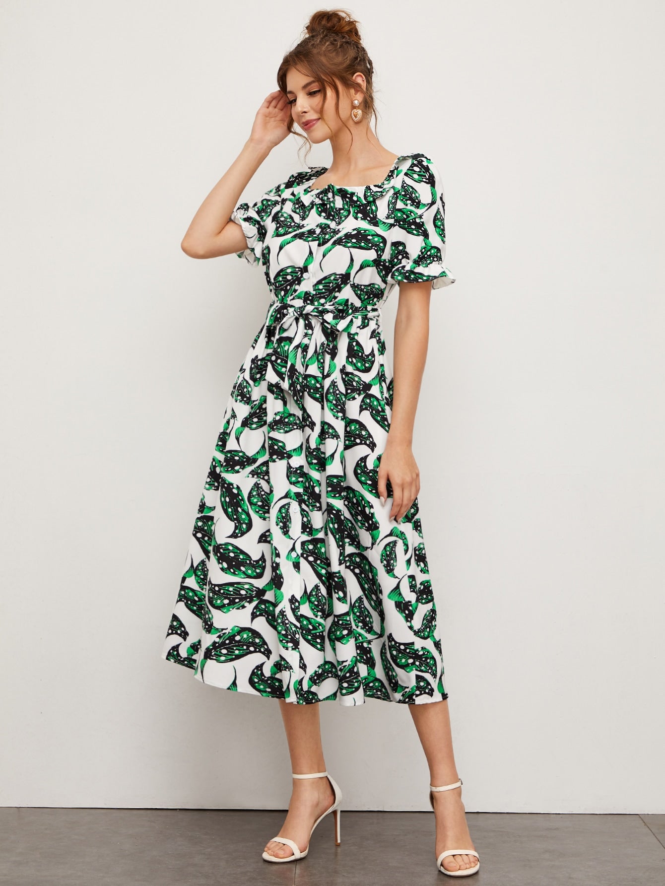 Square Neck Plants Print Dress