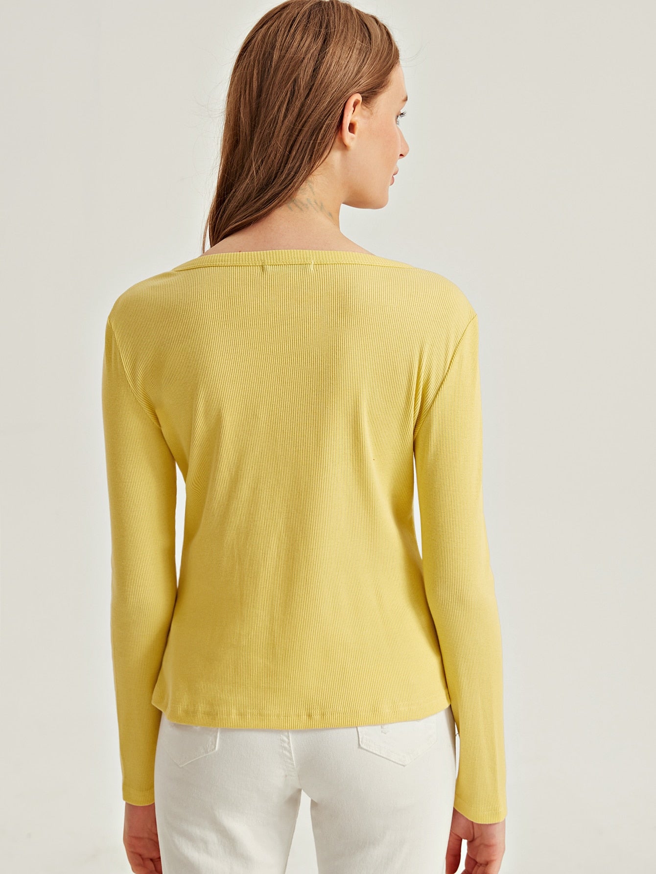 Button Half Placket Rib-knit Tee