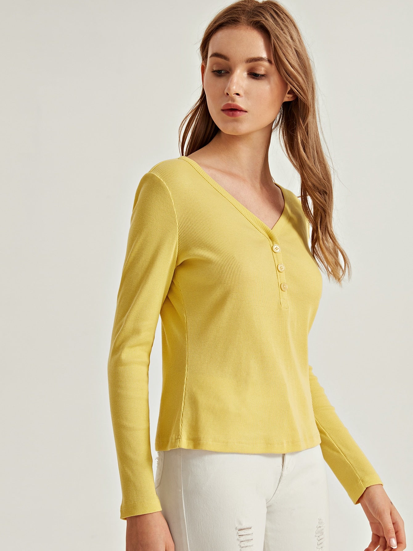 Button Half Placket Rib-knit Tee