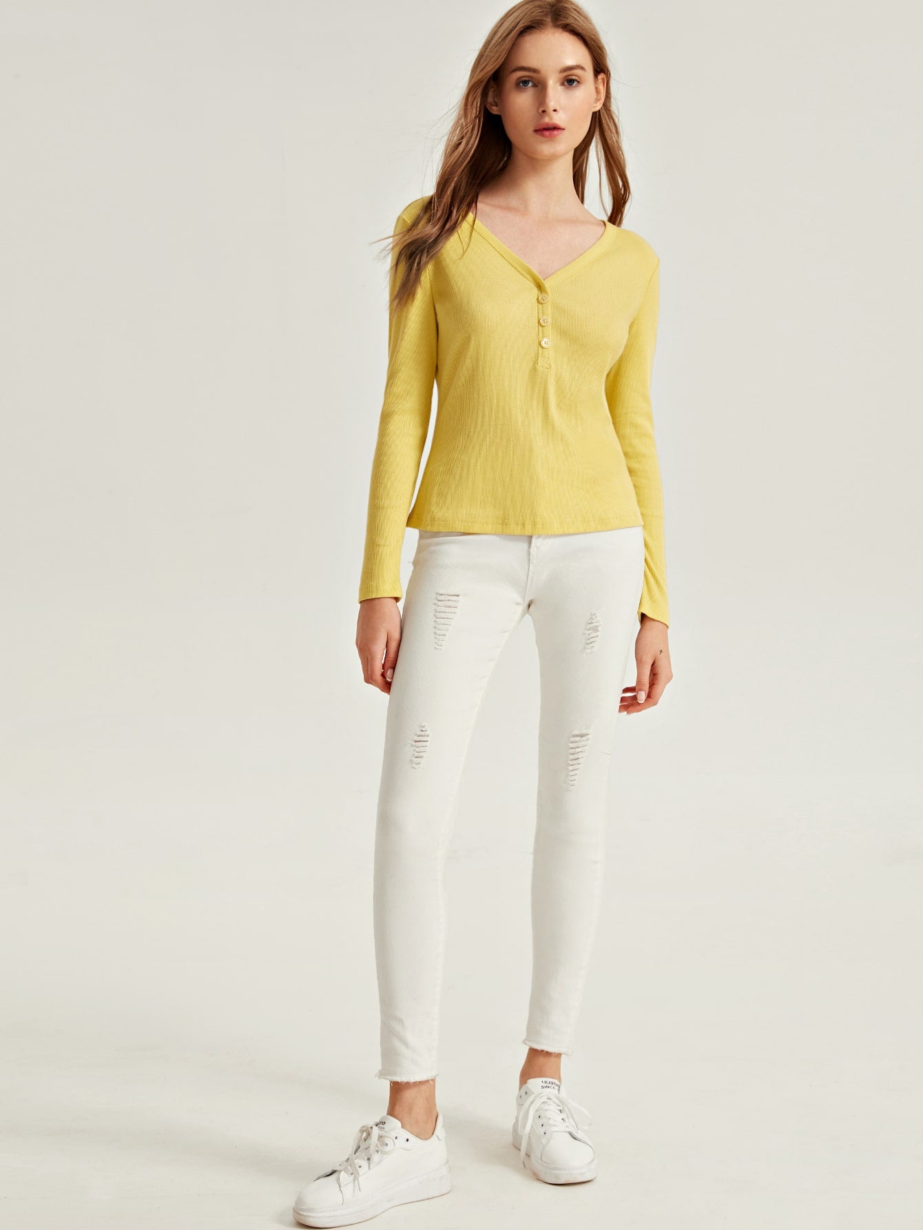 Button Half Placket Rib-knit Tee