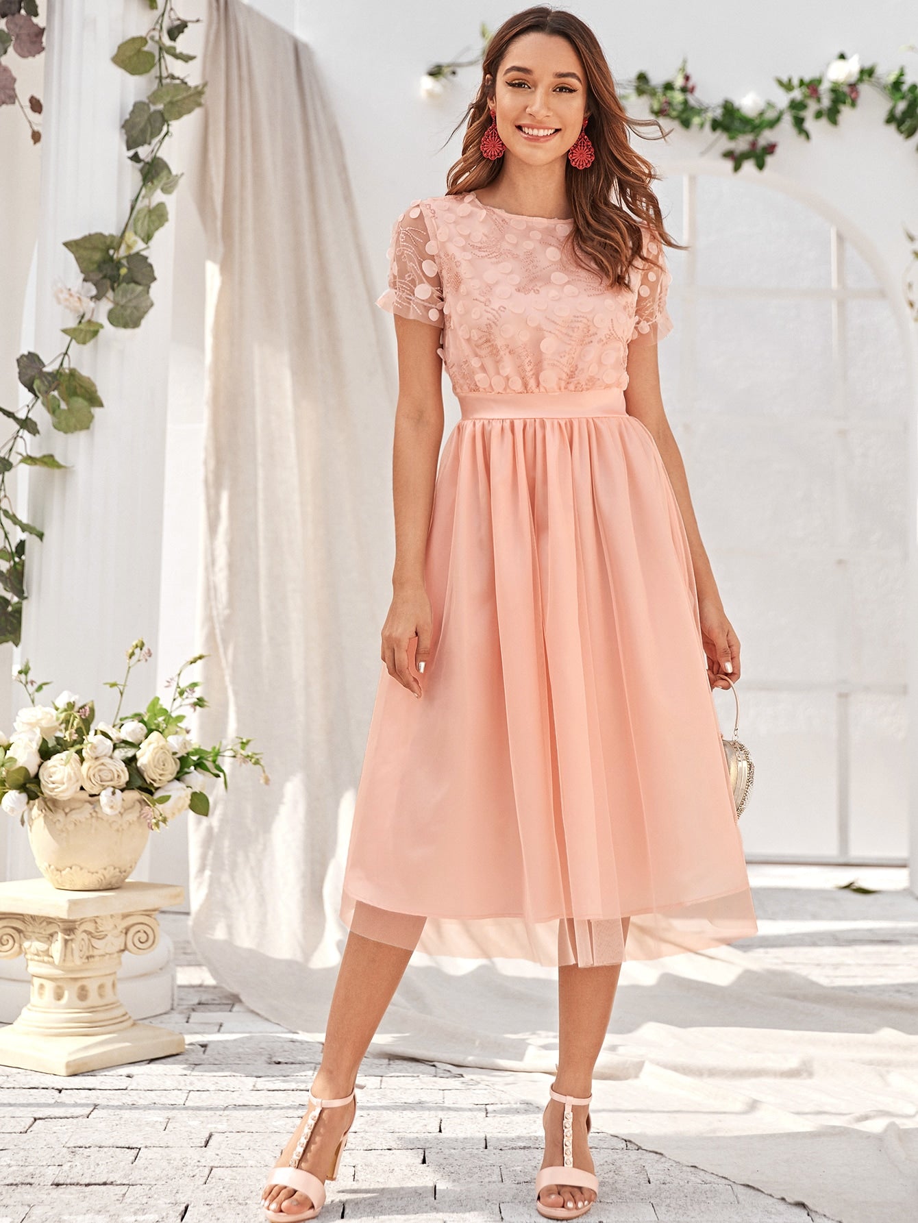 Polka Dot Contrast Sequin Mesh A-line Dress