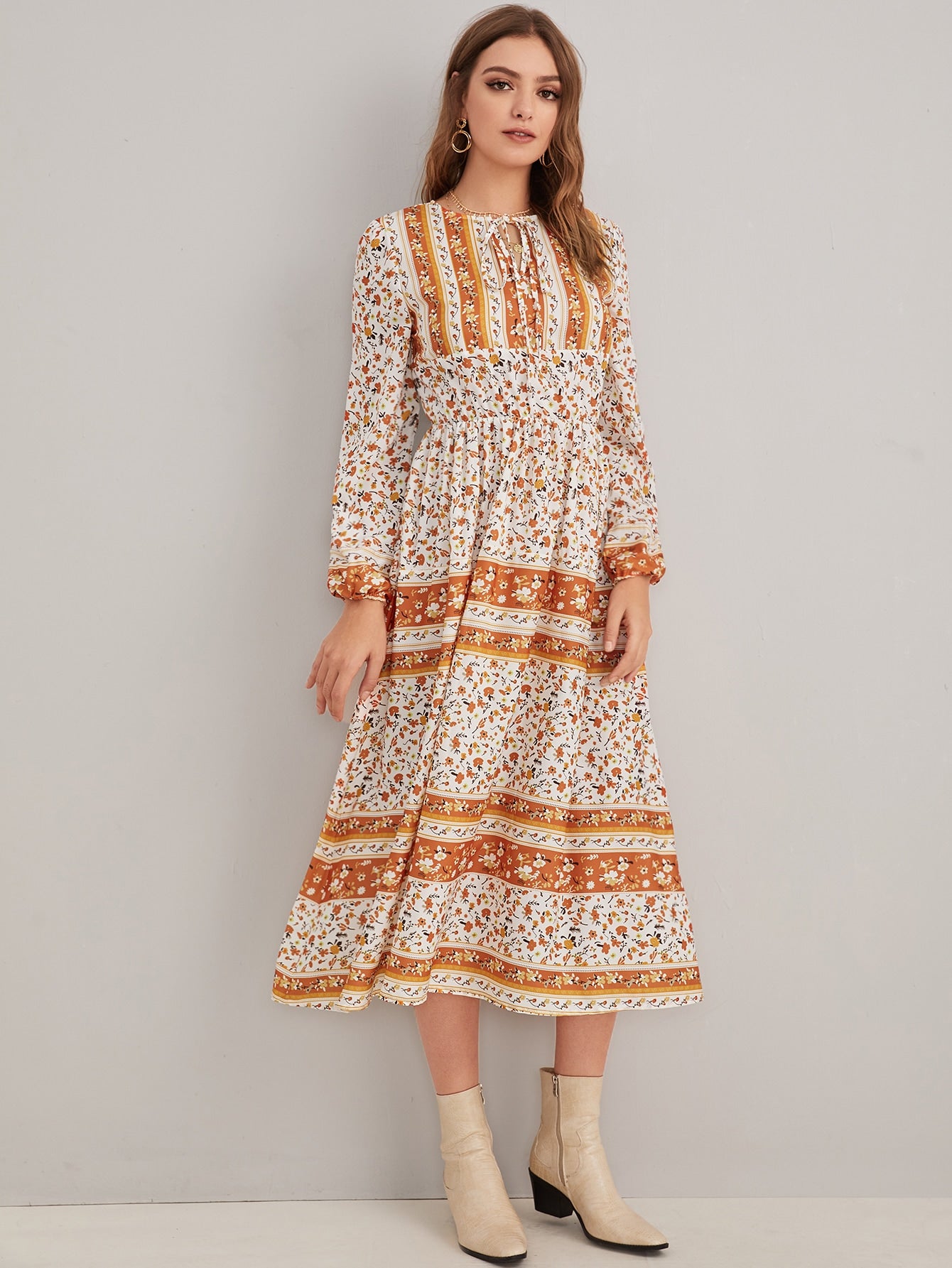 Tie Neck Floral Print Dress