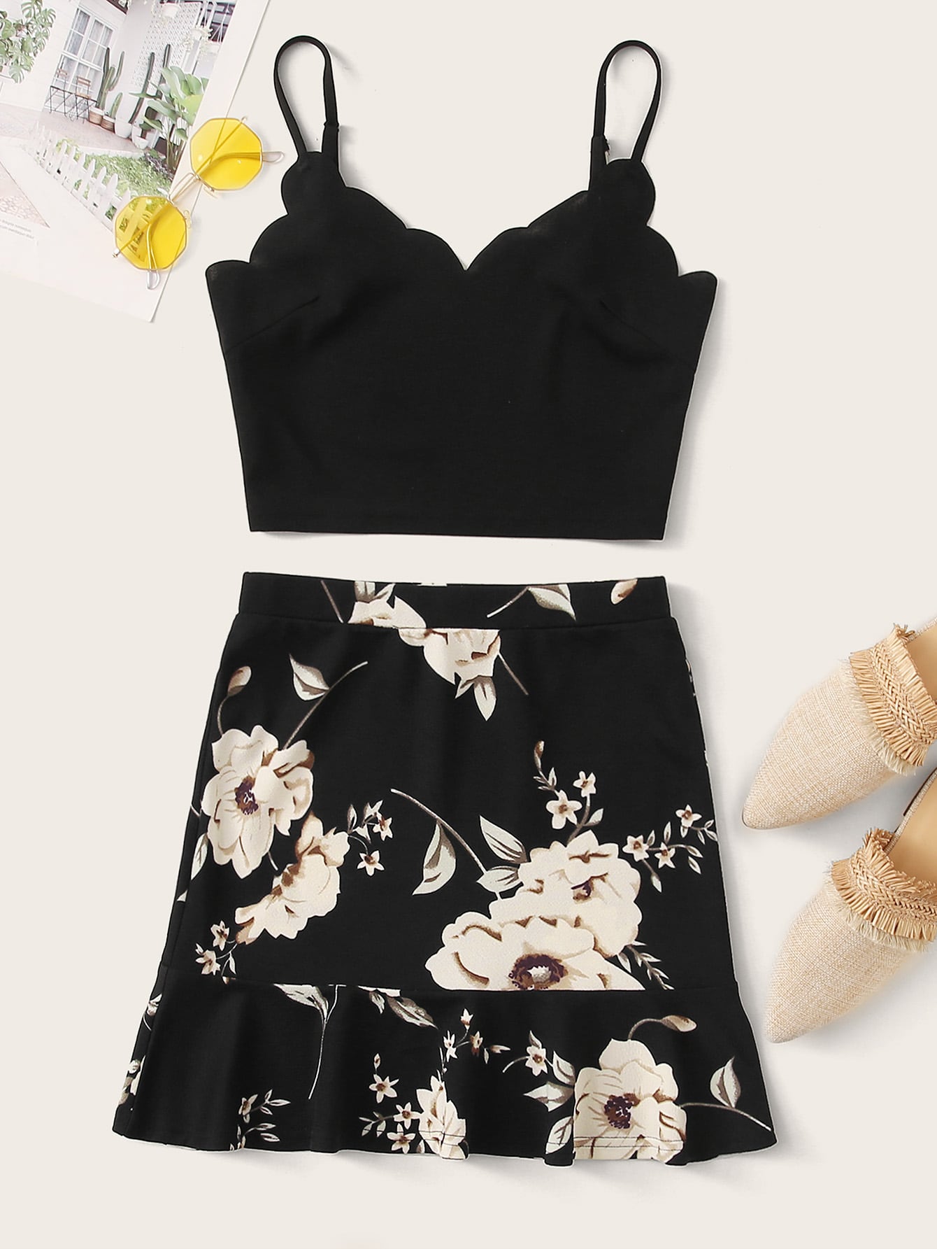 Scallop Trim Cami Top & Ruffle Hem Floral Skirt Set