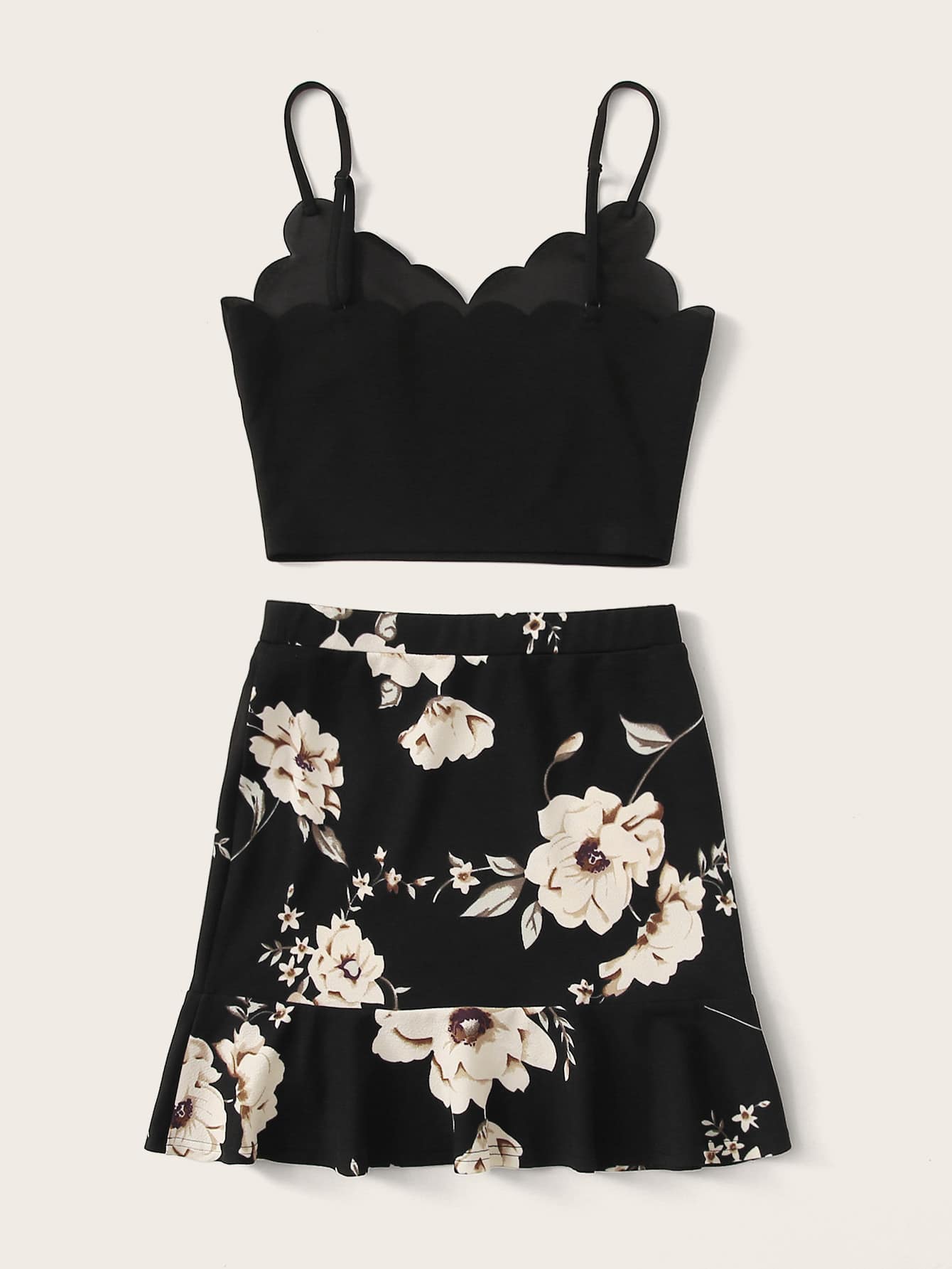 Scallop Trim Cami Top & Ruffle Hem Floral Skirt Set