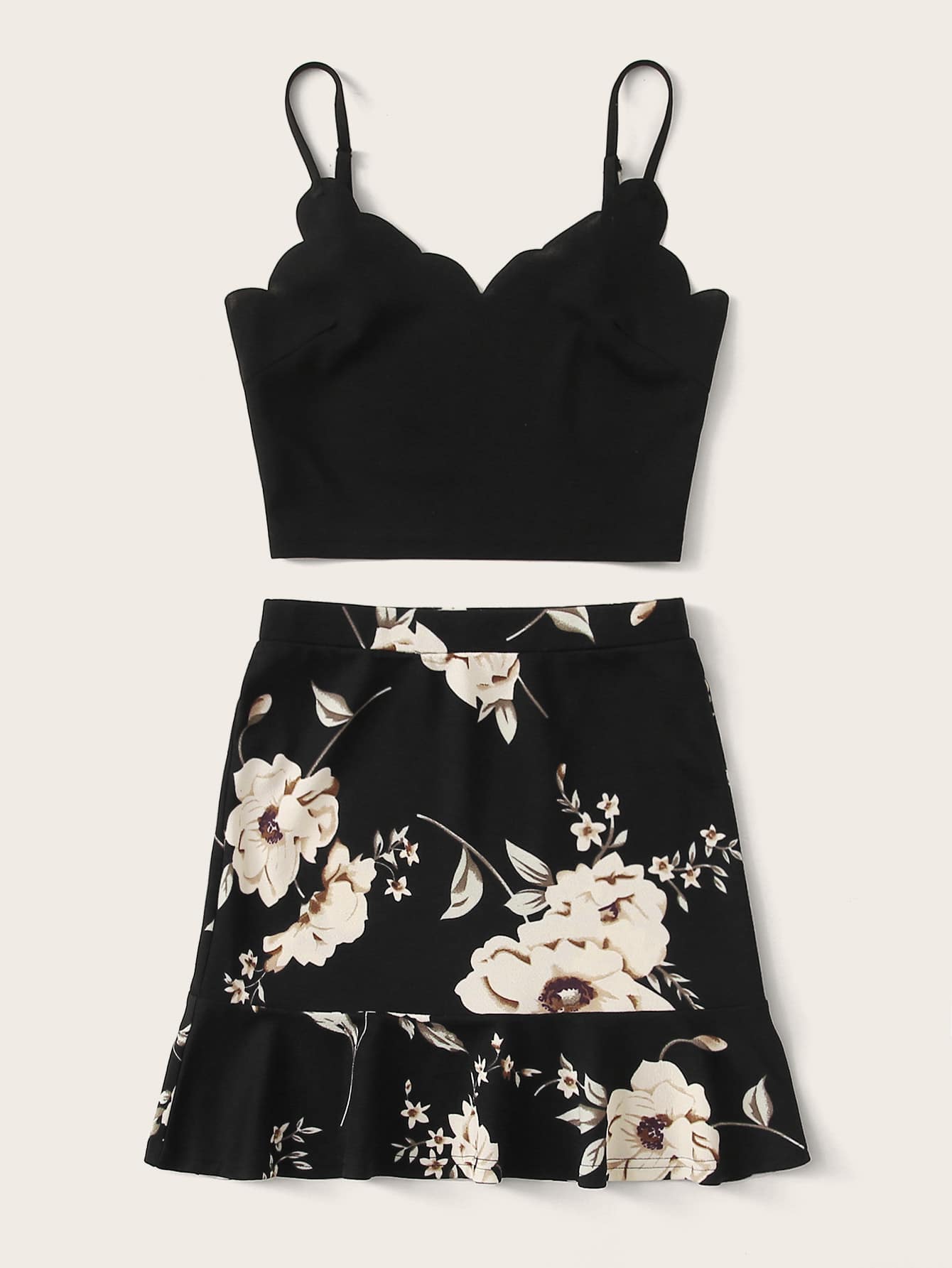 Scallop Trim Cami Top & Ruffle Hem Floral Skirt Set