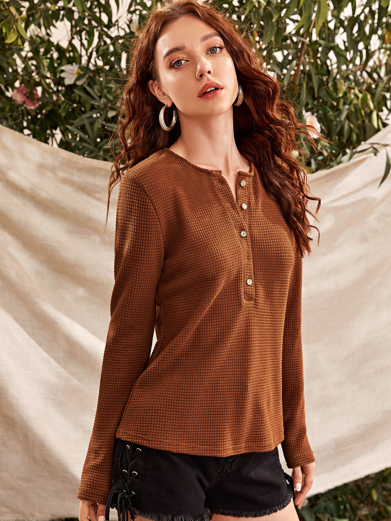 Half Button Waffle Knit Tee