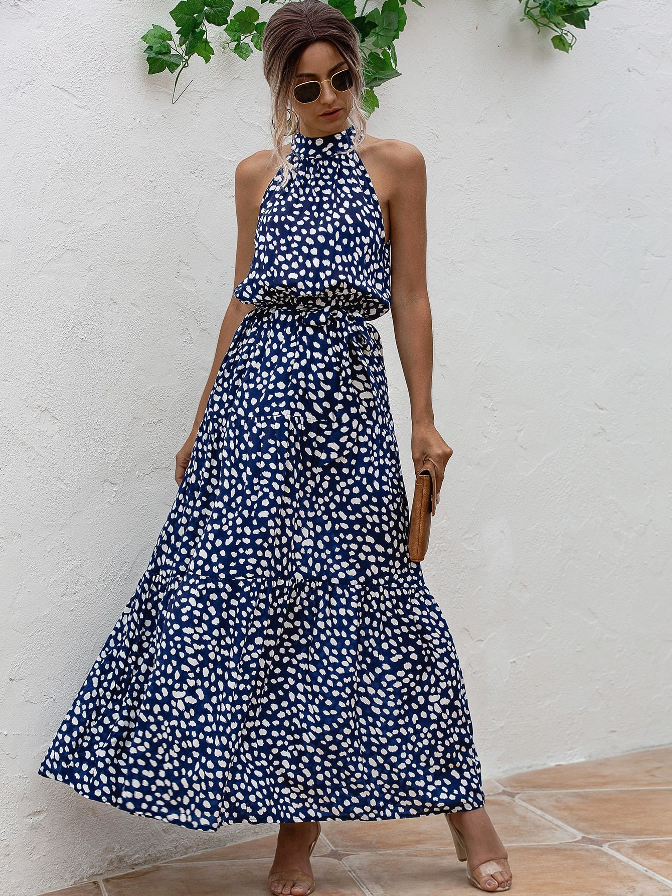 All Over Print Belted Halter Dress