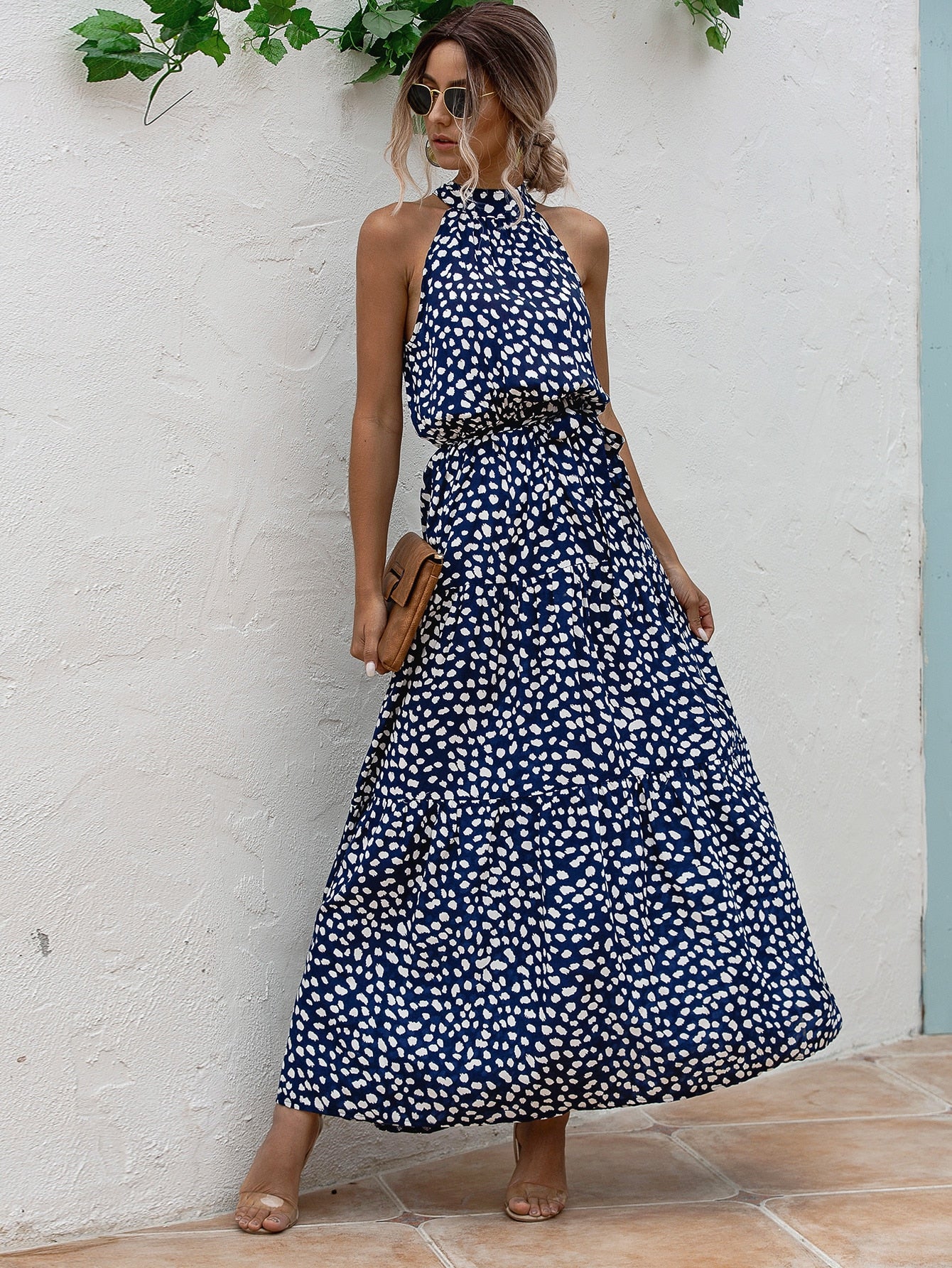 All Over Print Belted Halter Dress