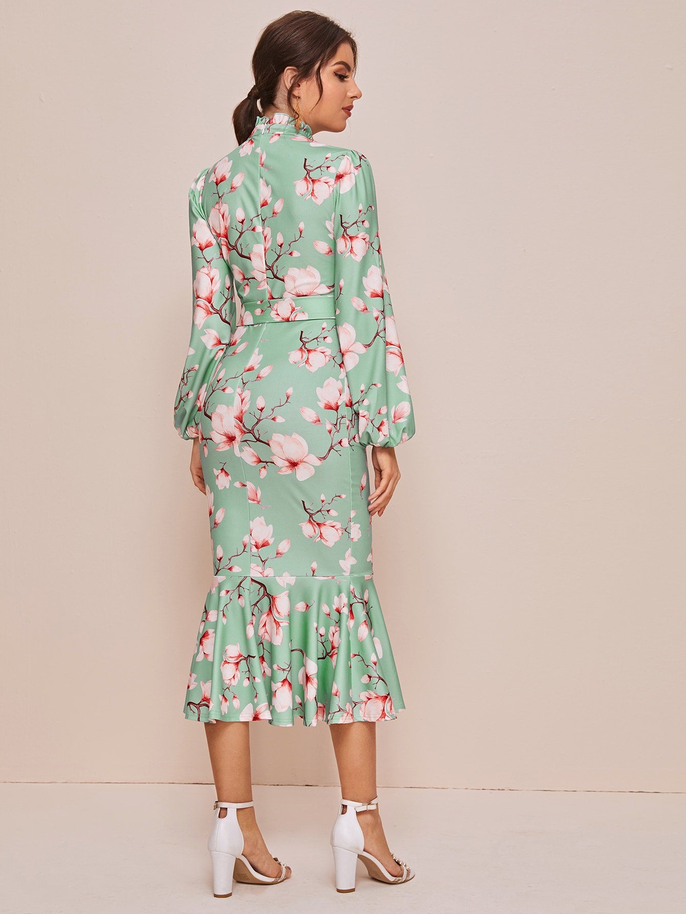 Frill Neck Lantern Sleeve Belted Mermaid Dress