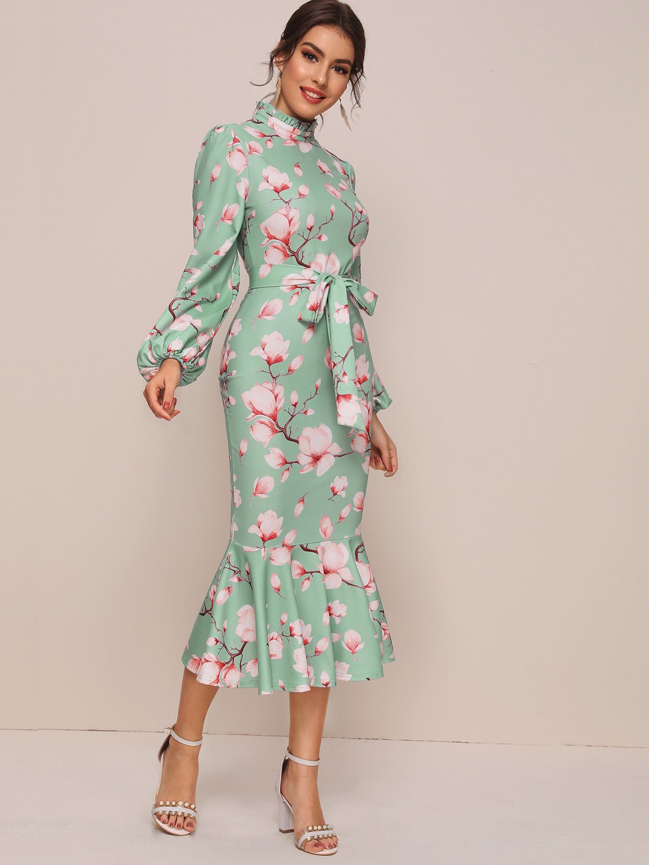 Frill Neck Lantern Sleeve Belted Mermaid Dress