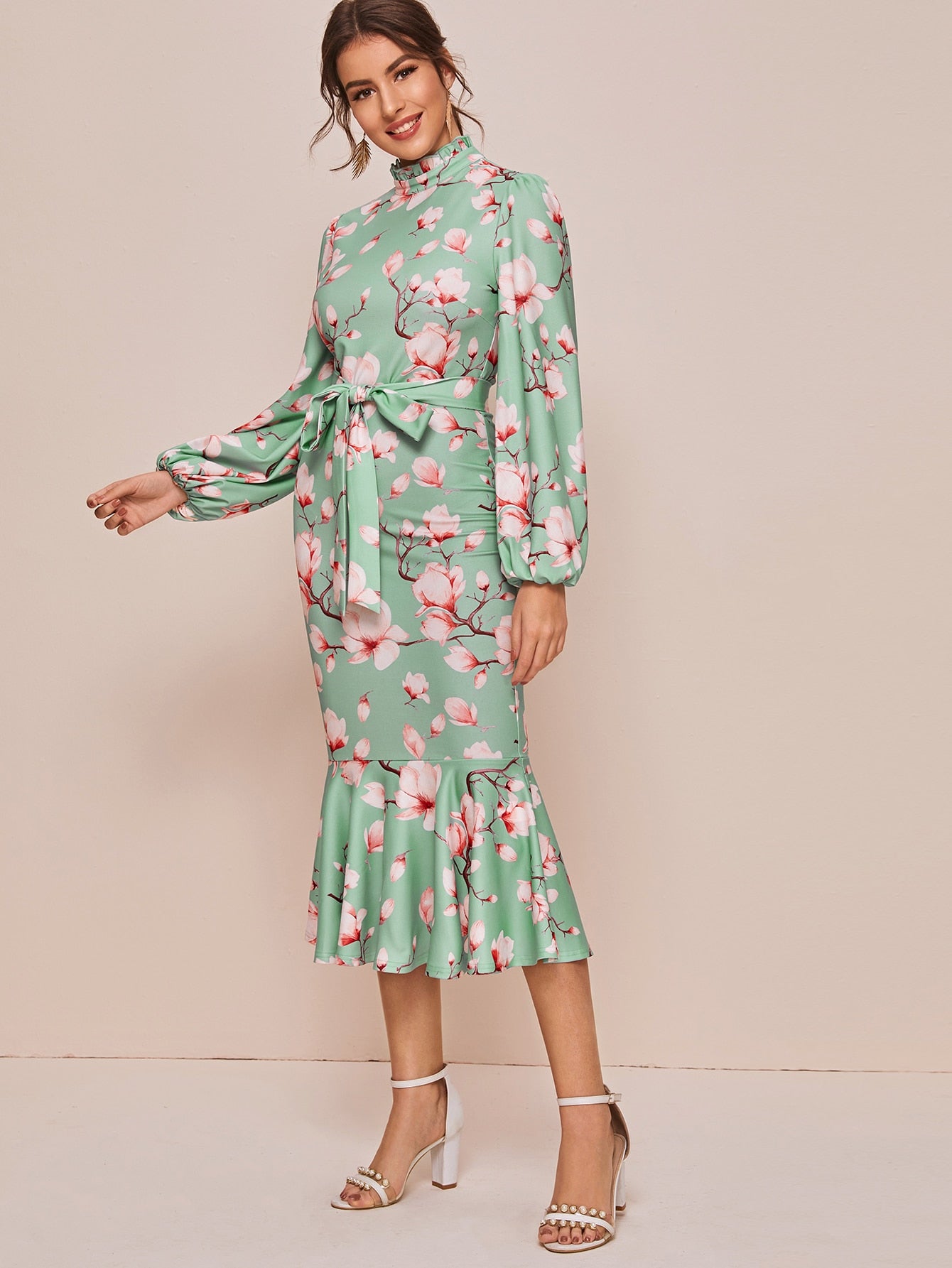 Frill Neck Lantern Sleeve Belted Mermaid Dress