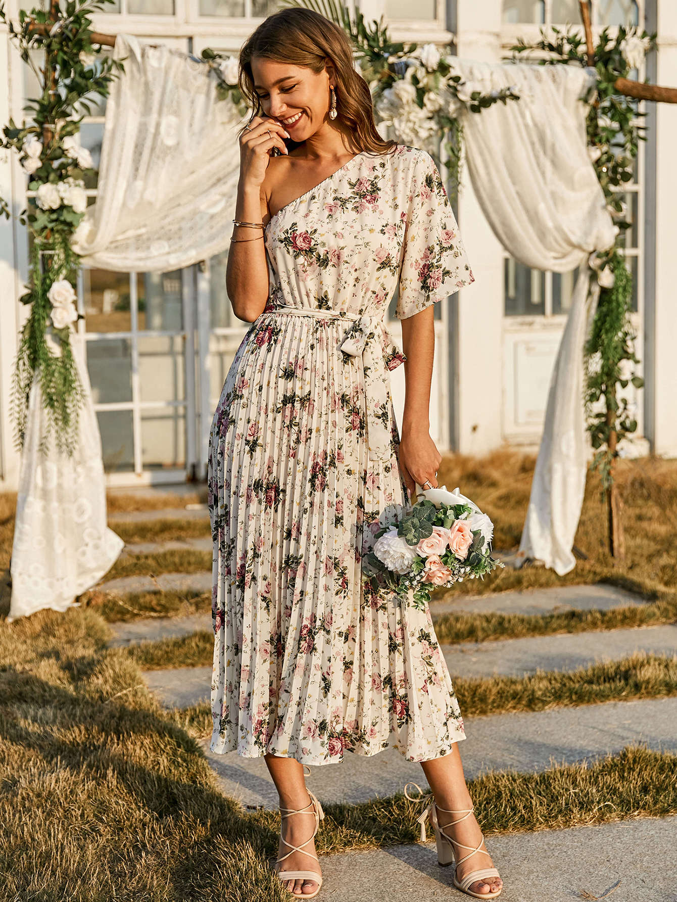 strapless open back dress Floral Printed Pleated Dress