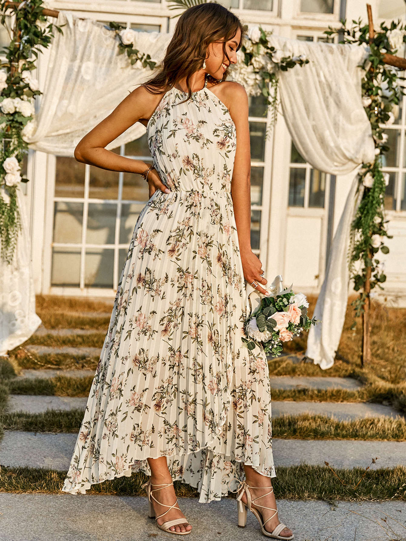 Floral Print Pleated Cami Dress