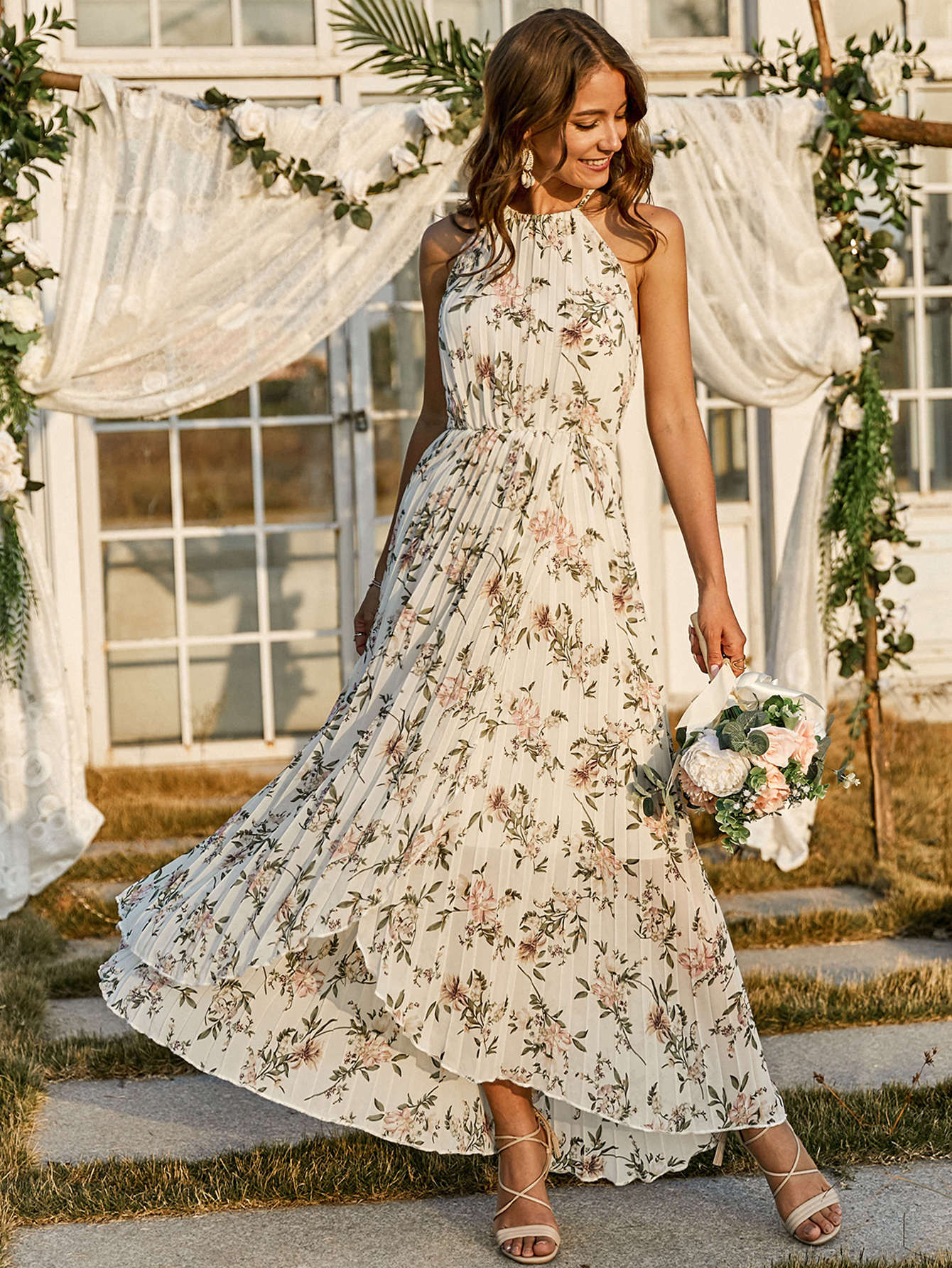 Floral Print Pleated Cami Dress