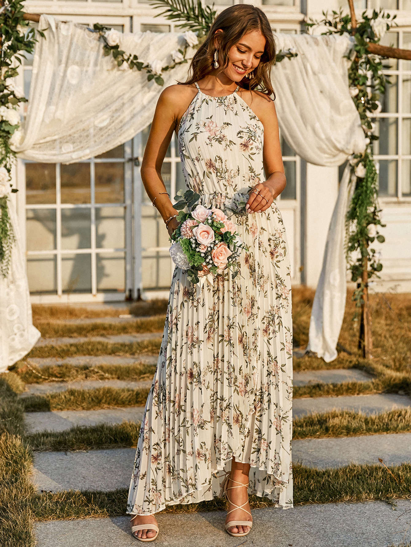 Floral Print Pleated Cami Dress