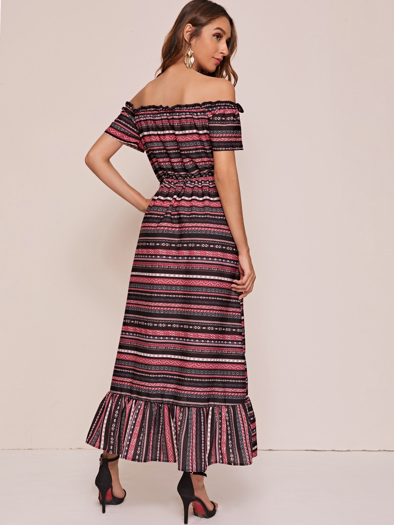 Ruffle Hem High Low Striped & Tribal A-line Dress