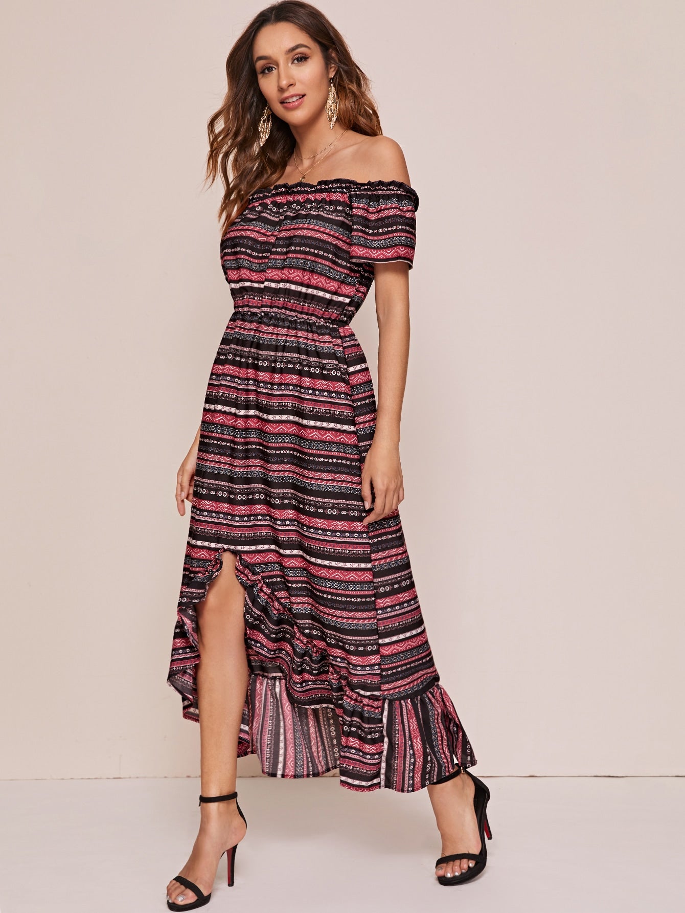 Ruffle Hem High Low Striped & Tribal A-line Dress