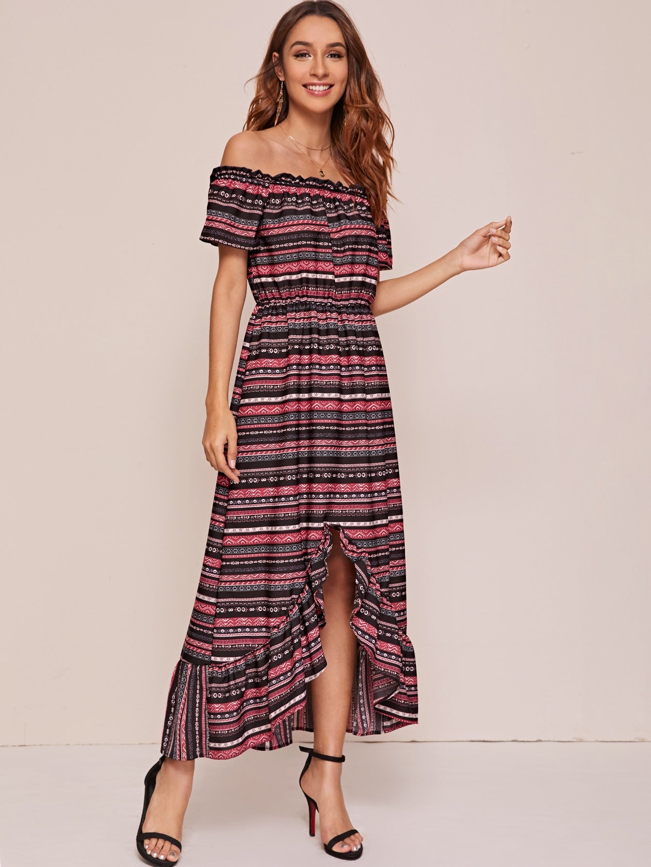Ruffle Hem High Low Striped & Tribal A-line Dress