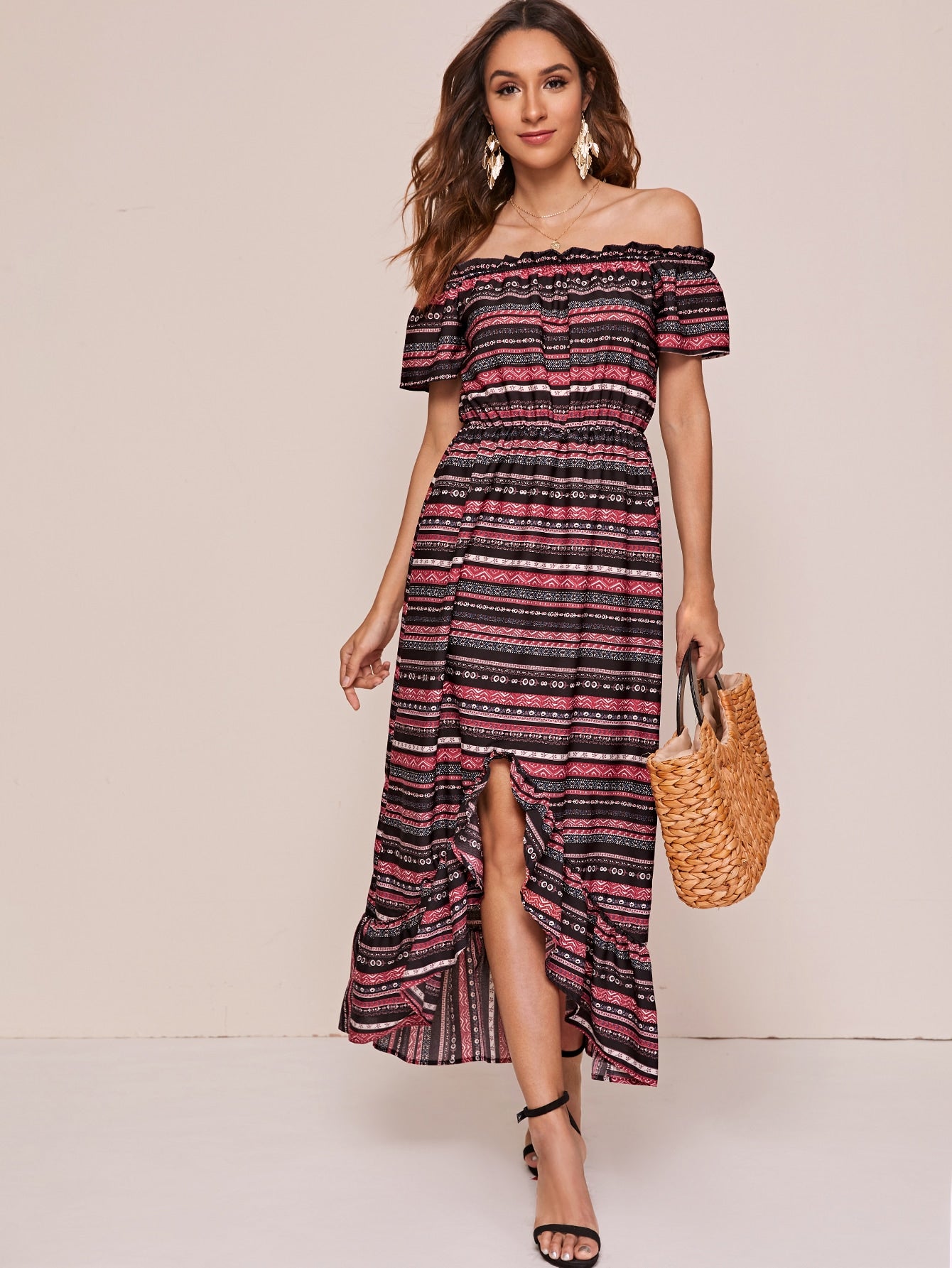 Ruffle Hem High Low Striped & Tribal A-line Dress