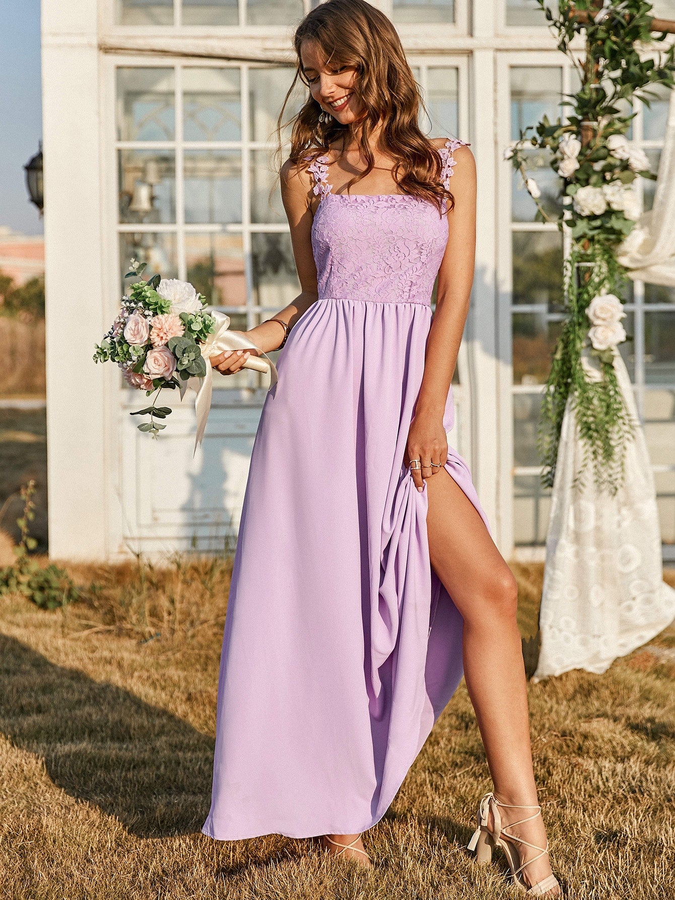 Contrast Lace Bodice Flare Hem Cami Dress