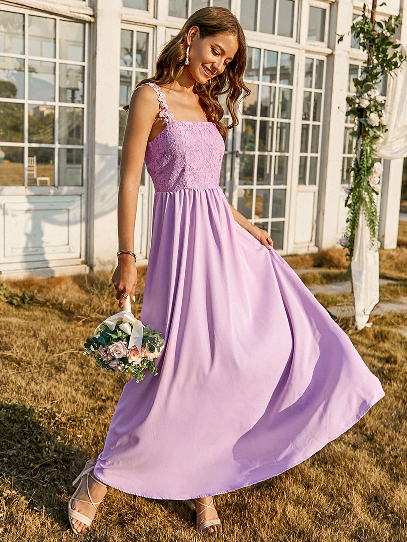 Contrast Lace Bodice Flare Hem Cami Dress