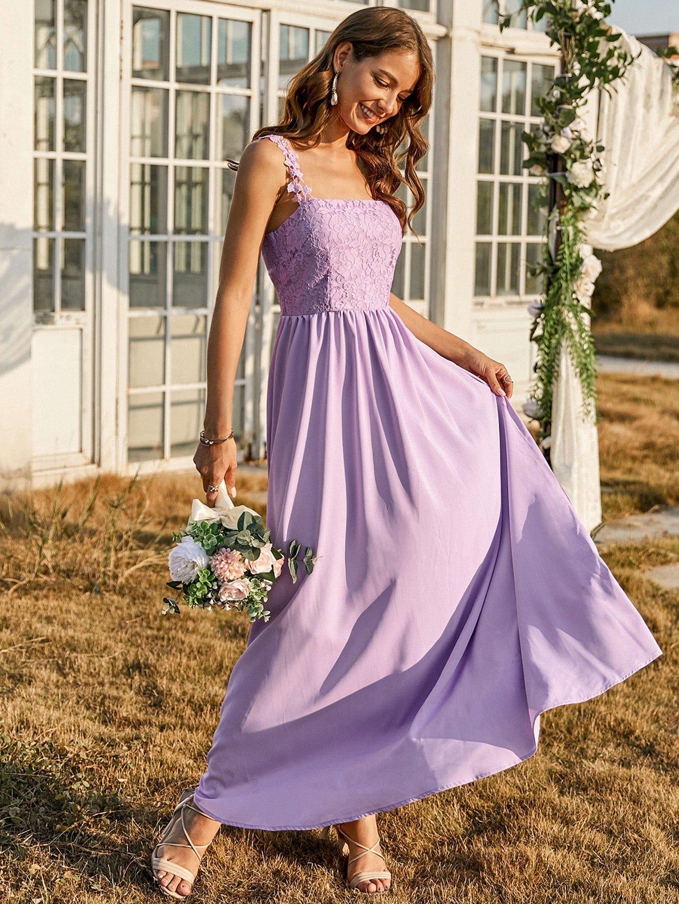 Contrast Lace Bodice Flare Hem Cami Dress