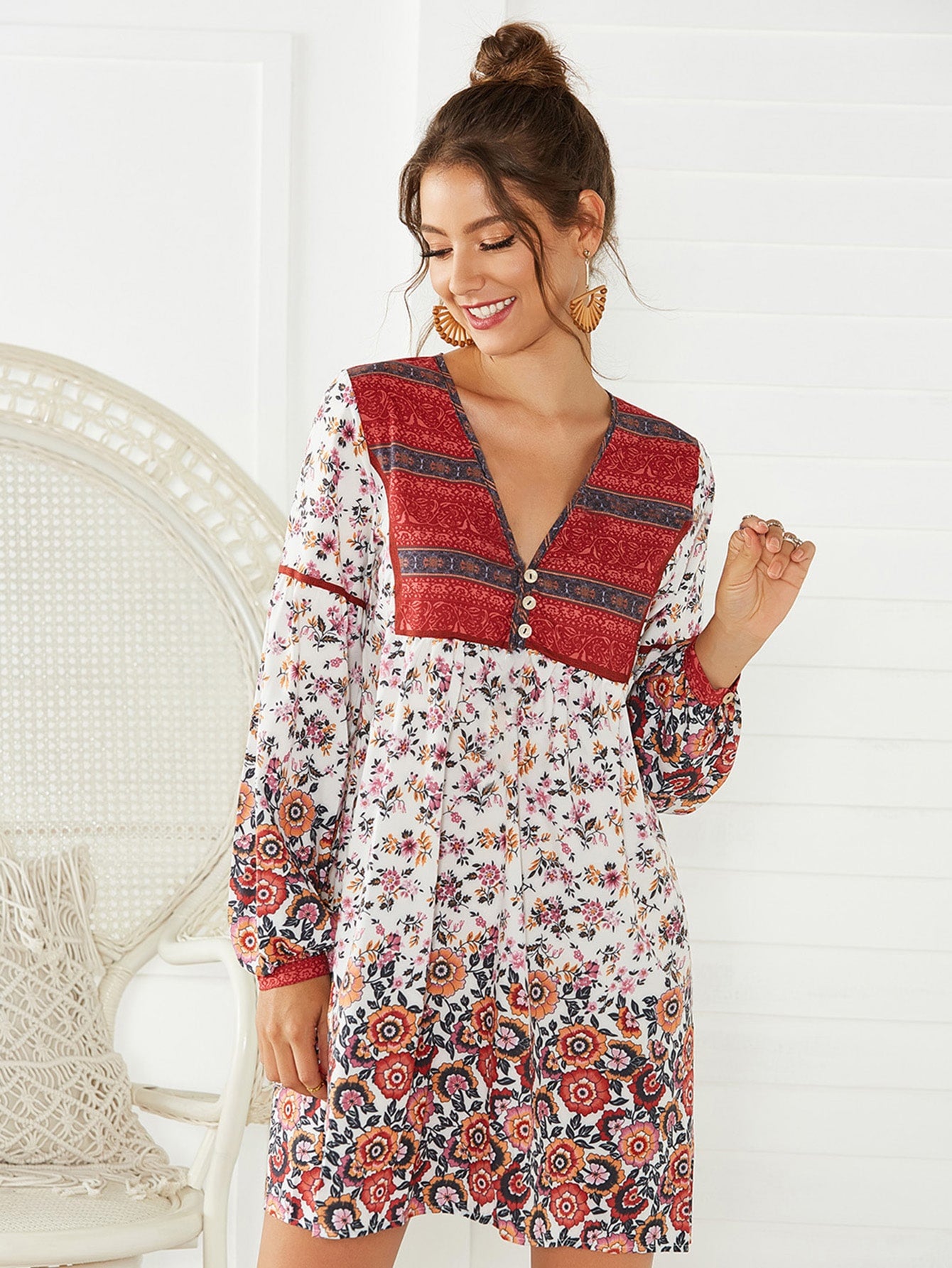 V-neck Button Front Floral Print Dress