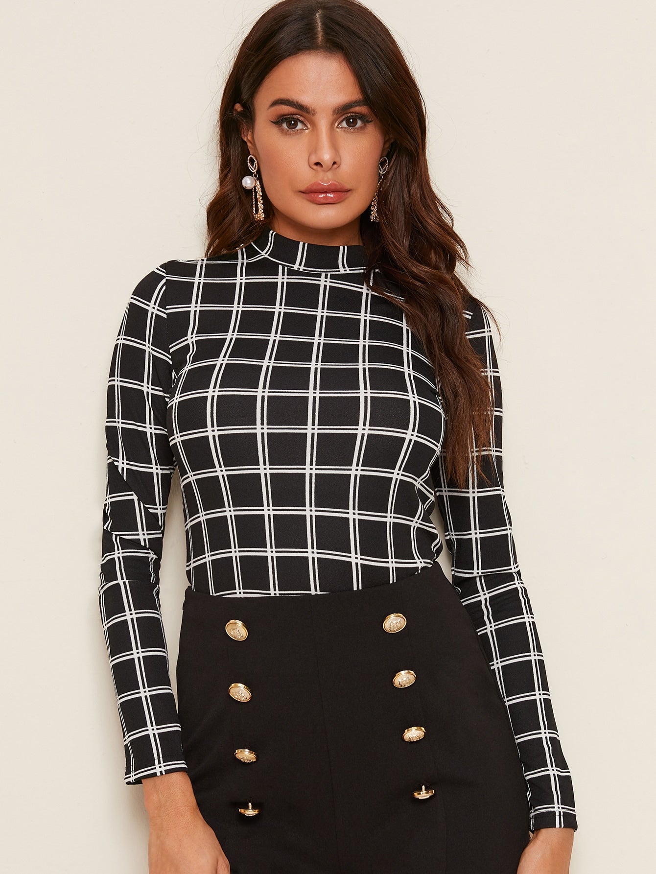 Mock-neck Grid Fitted Tee