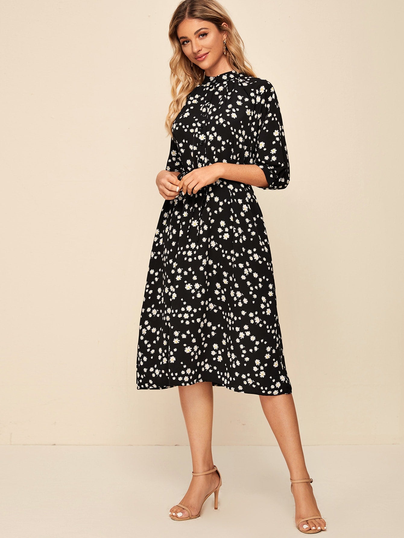Notched Belted Floral Print Dress