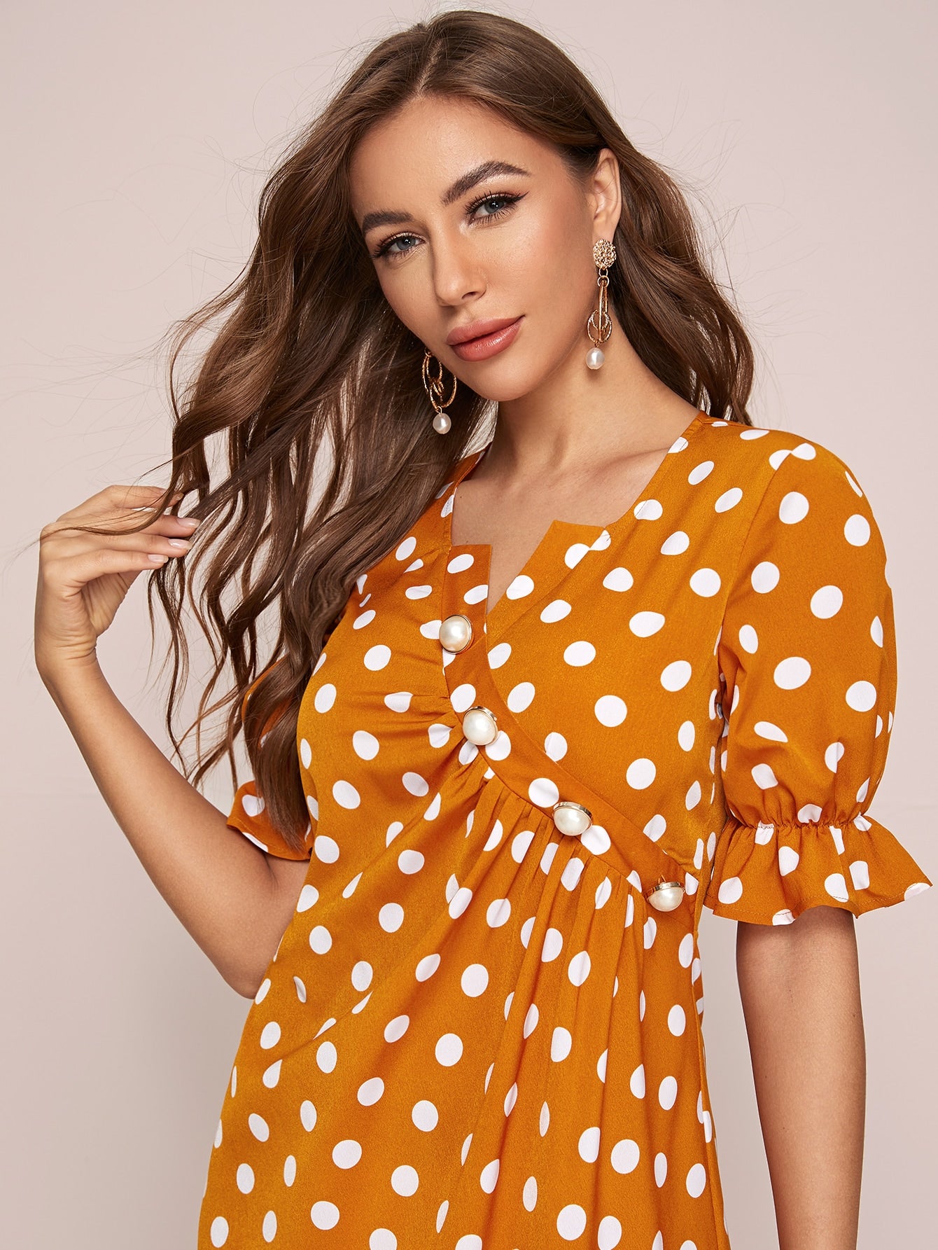 Notched Neck Ruched Buttoned Front Polka Dot Dress
