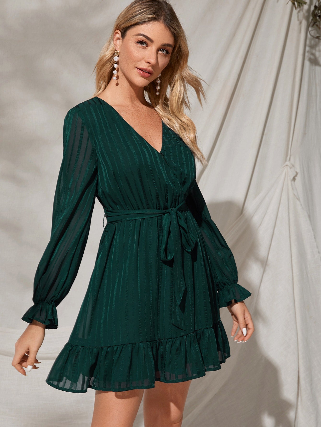 Surplice Neck Belted Ruffle Hem Striped Dress