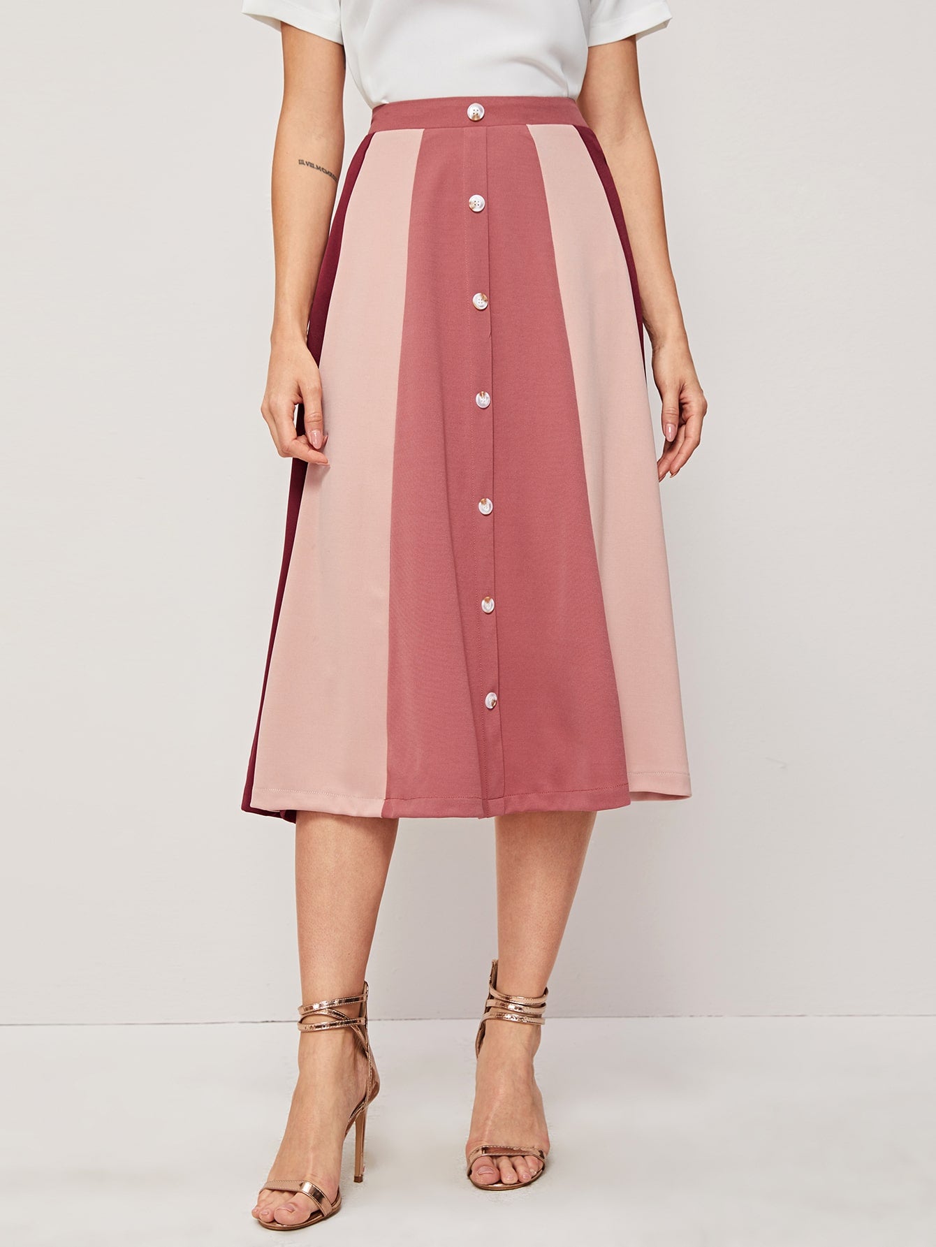 Colorblock Button Up A-line Skirt