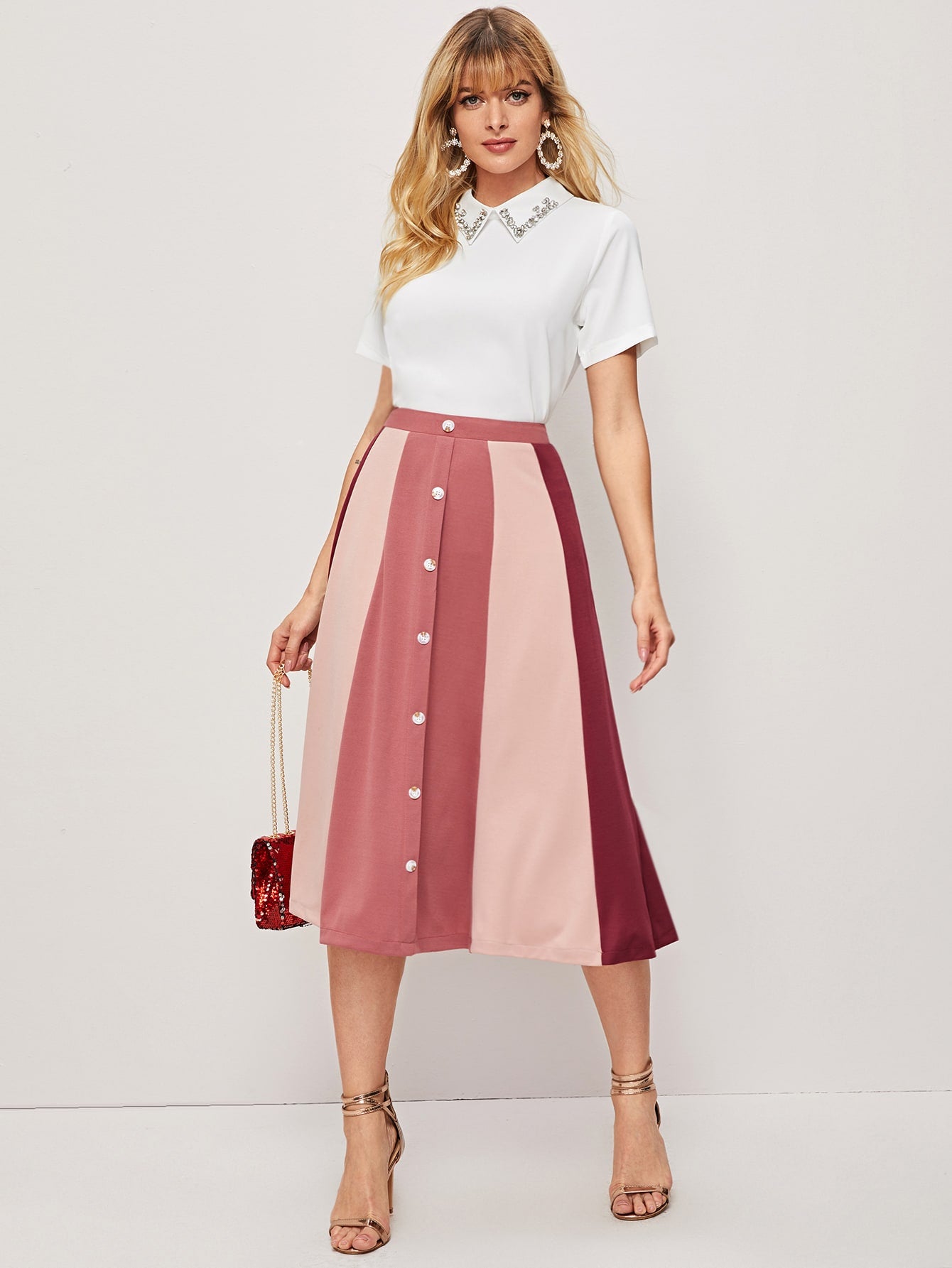 Colorblock Button Up A-line Skirt