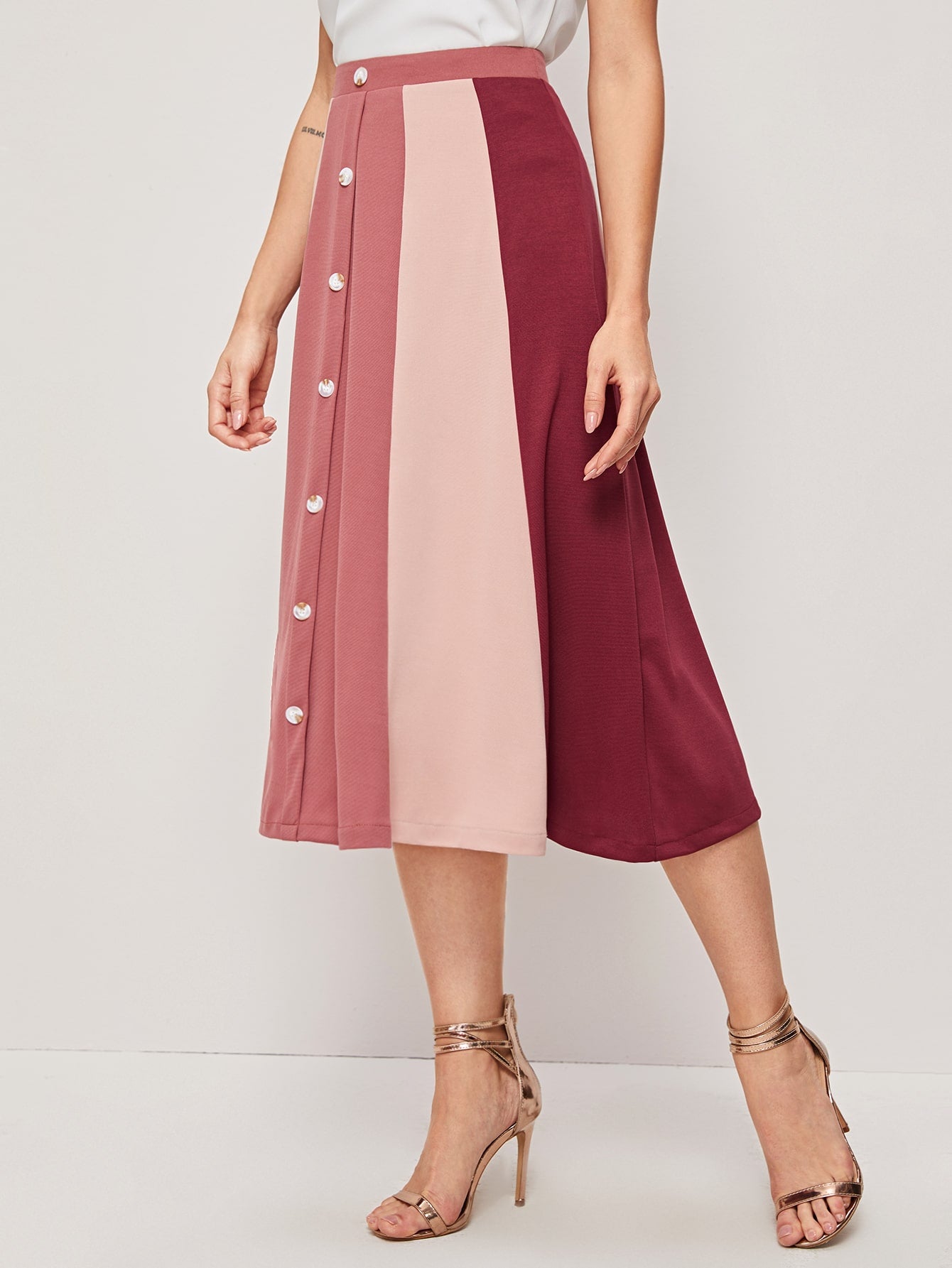 Colorblock Button Up A-line Skirt