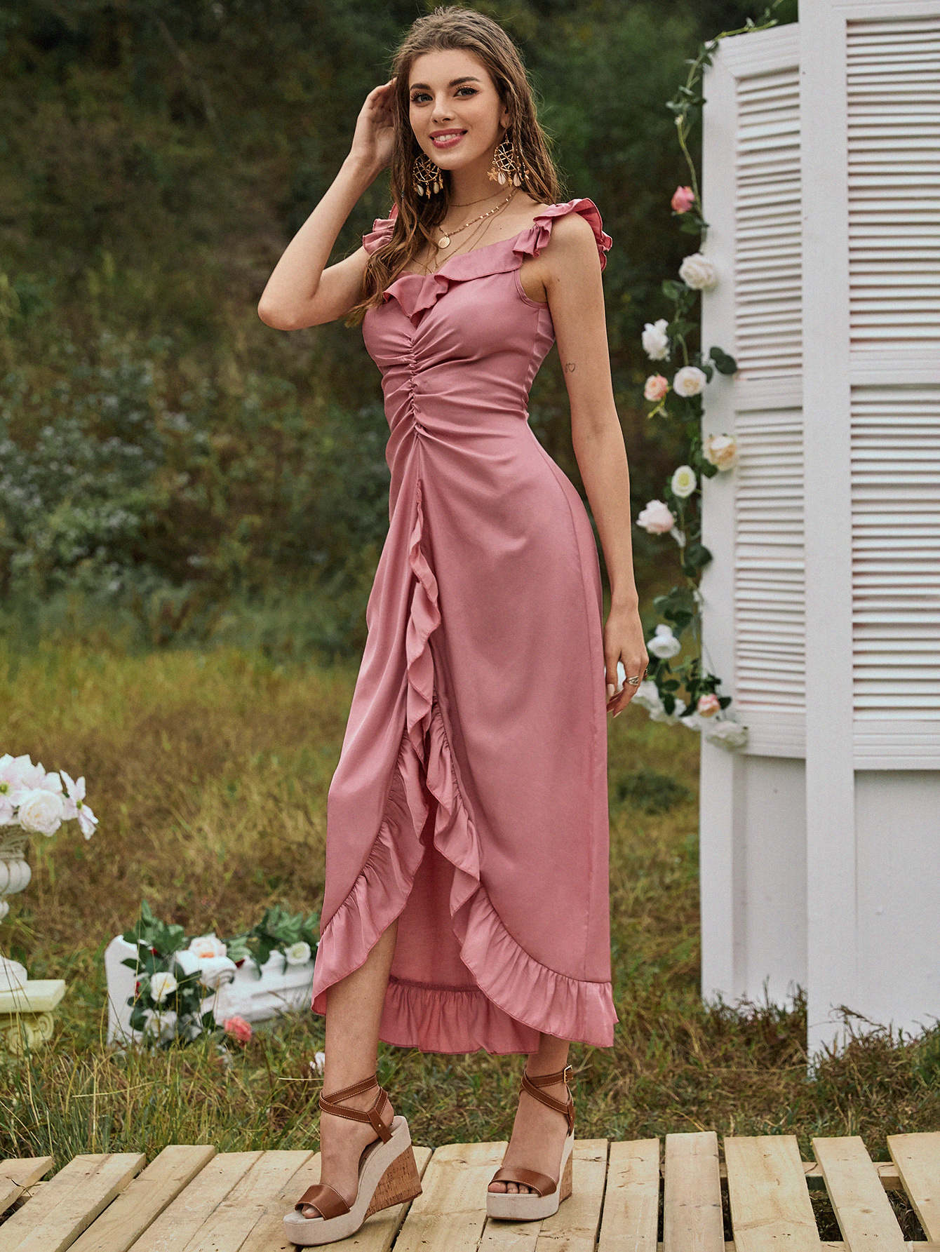 Ruffle Trim High Low Ruched Detail Dress