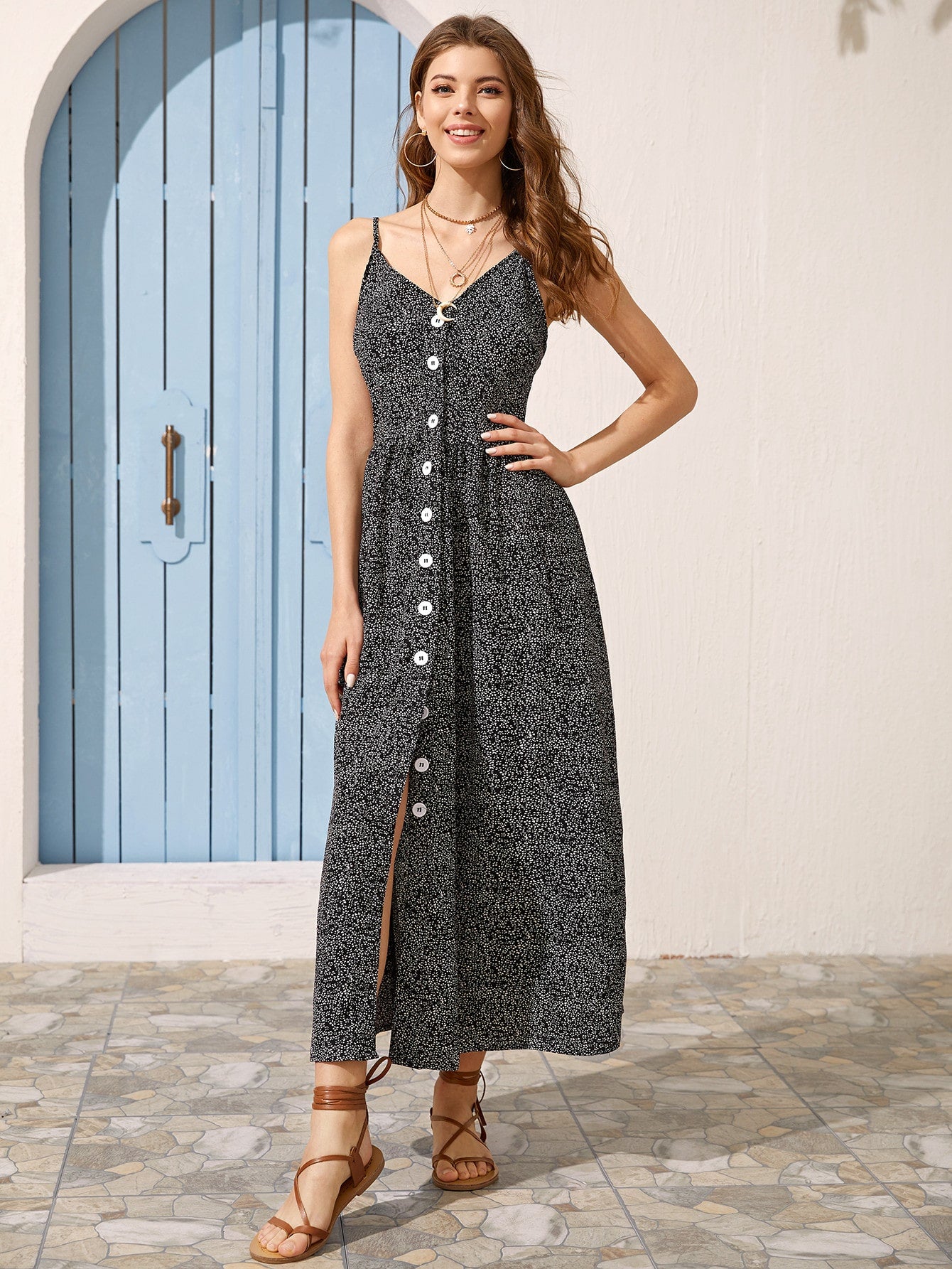 Button Front Ditsy Floral Cami Dress