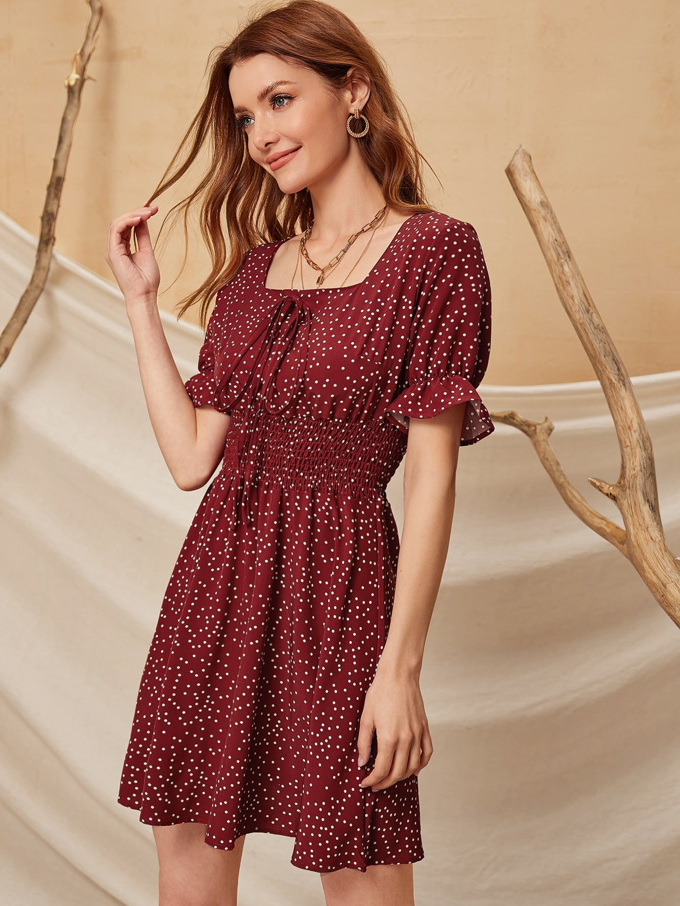 Polka Dot Tie Front Shirred A-line Dress