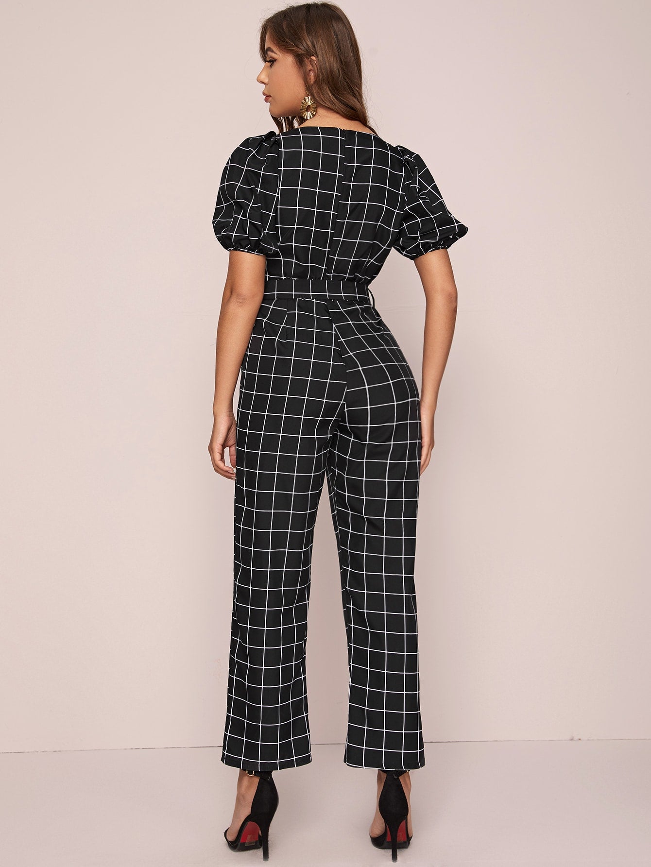 Square Neck Puff Sleeve Plaid Jumpsuit