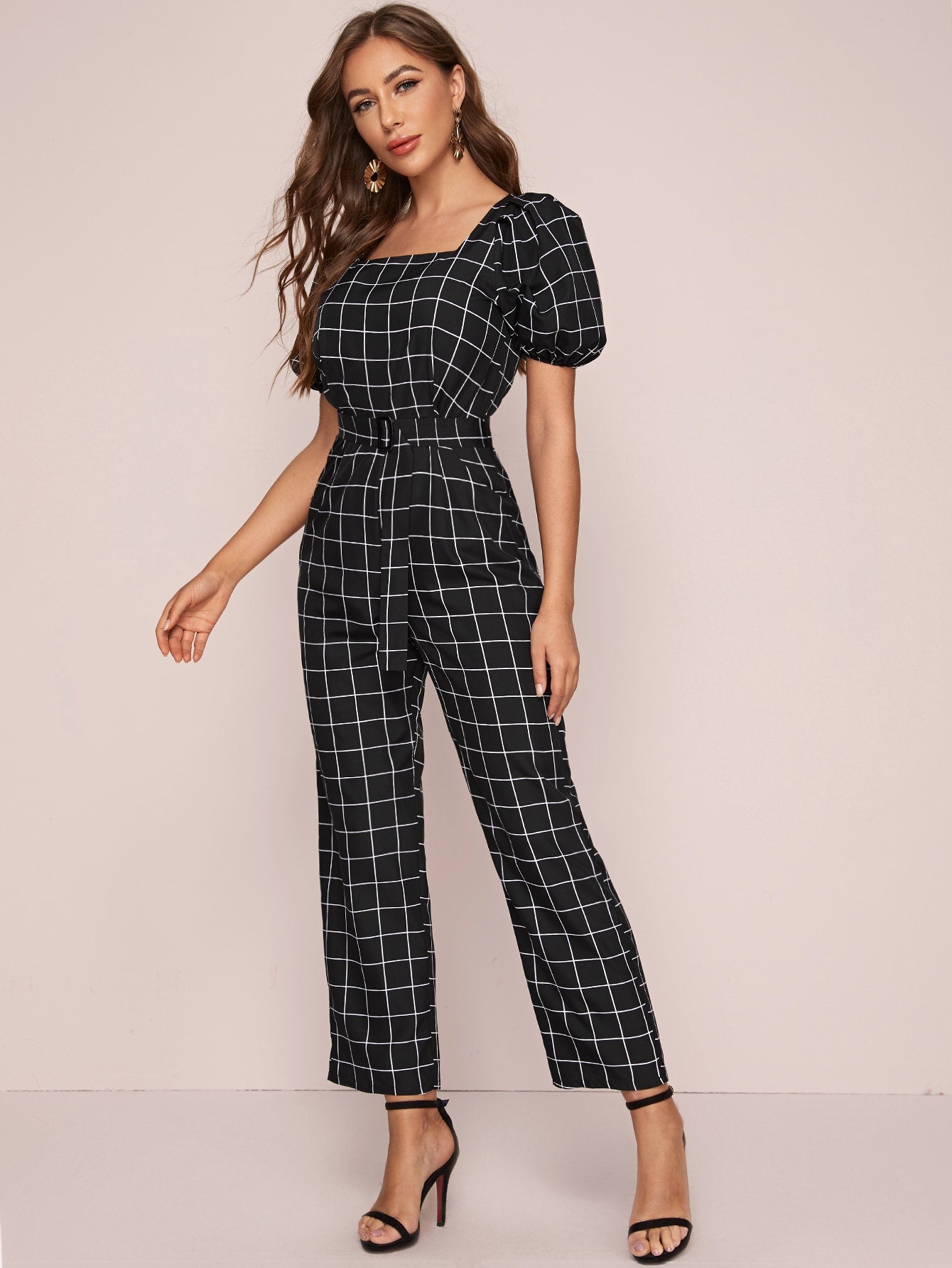 Square Neck Puff Sleeve Plaid Jumpsuit