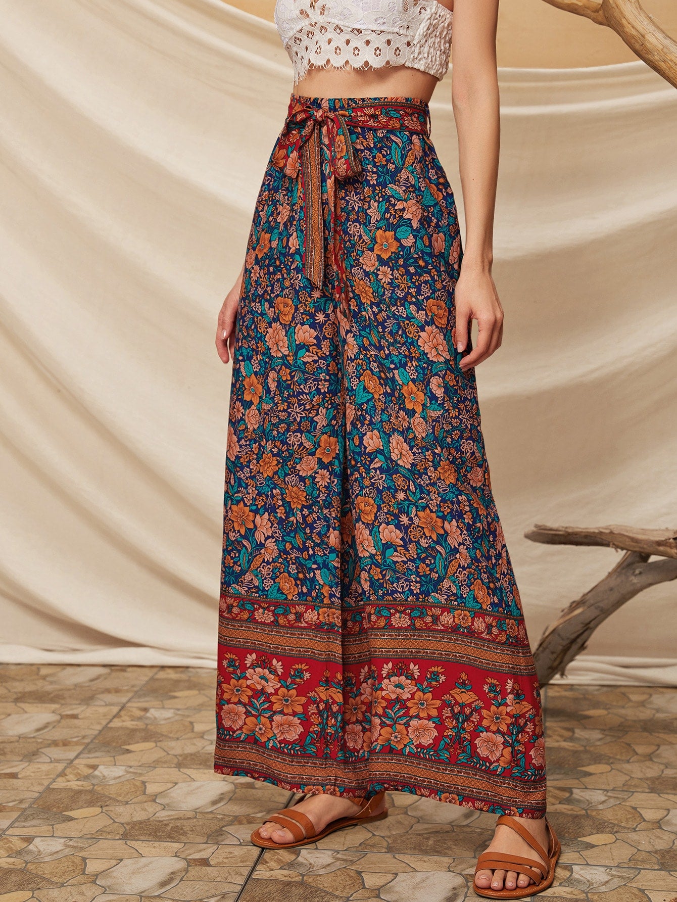 Aztec Print Self Tie Wide Leg Pants