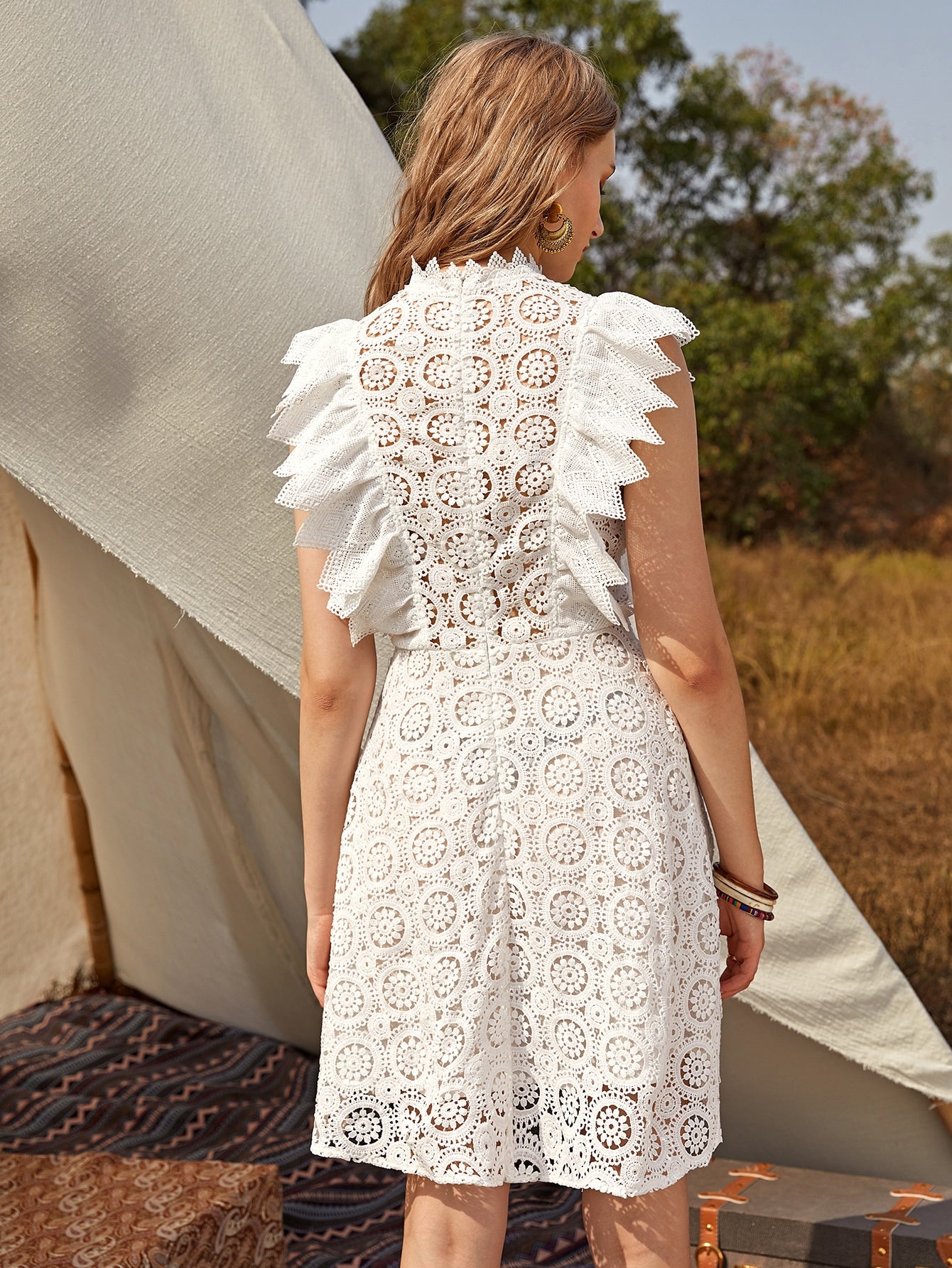 Mock Neck Ruffle Detail Guipure Lace Dress