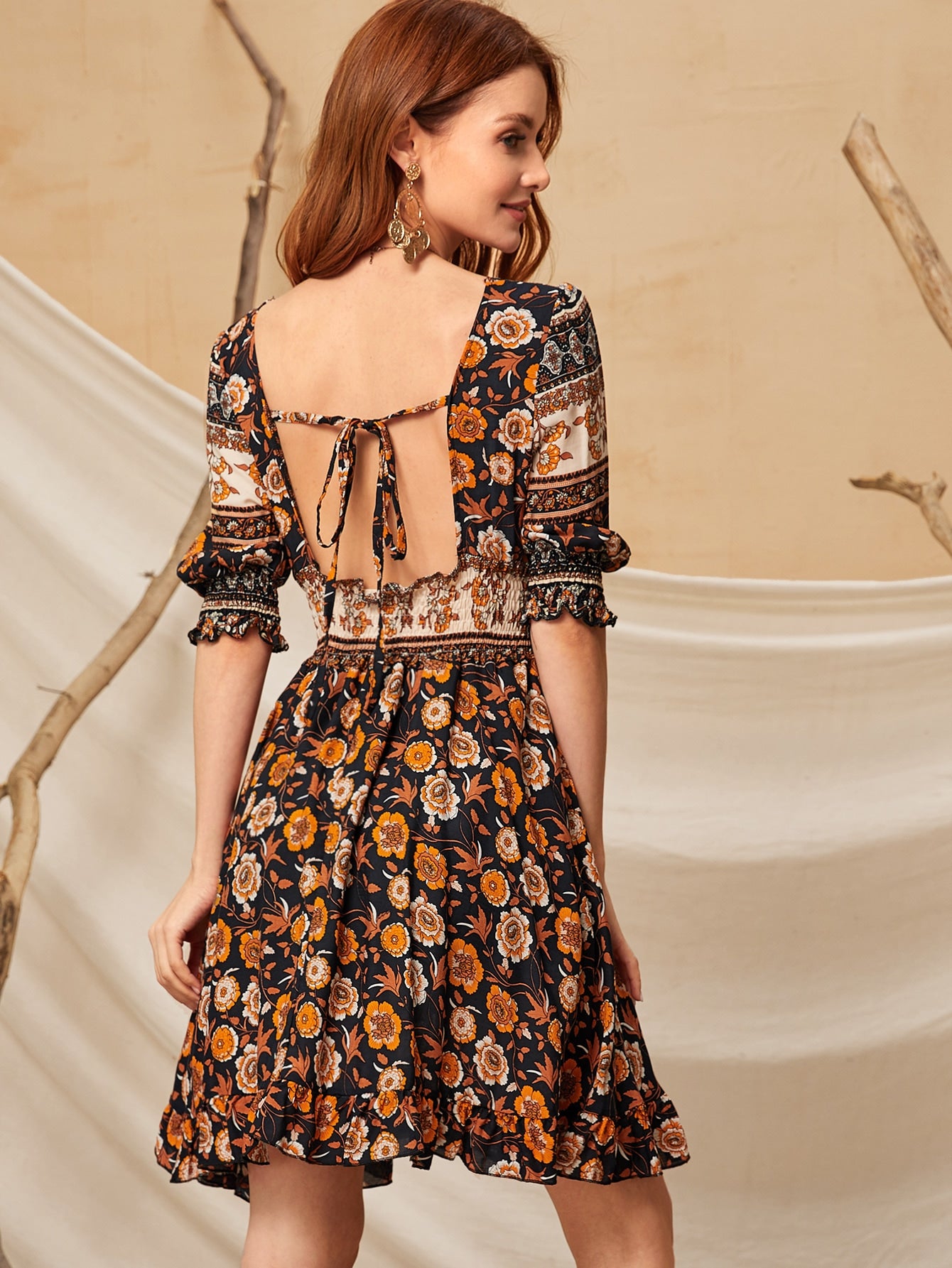 Tribal & Floral Print Backless A-line Dress