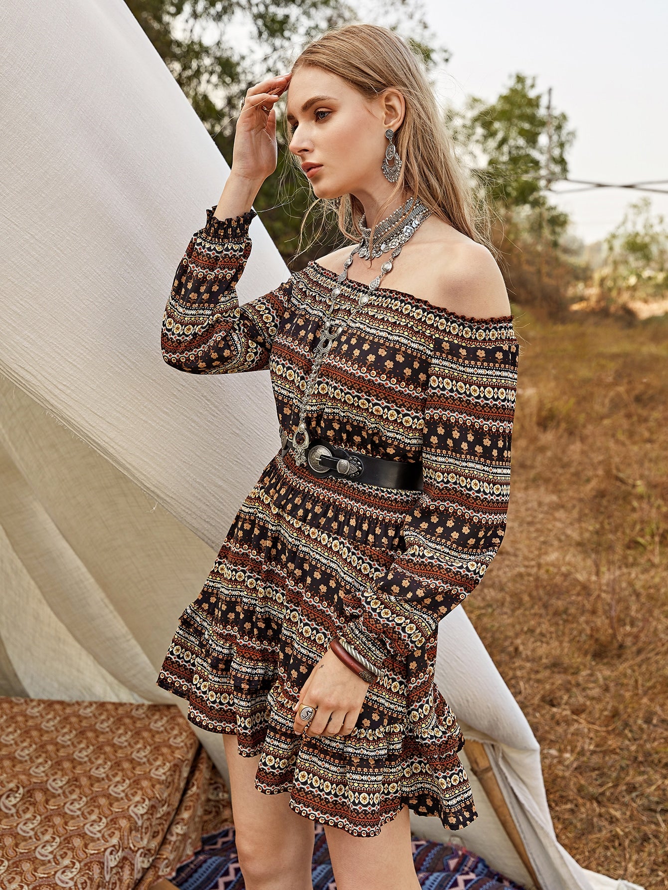 Floral & Tribal Print Chiffon Bardot Dress Without Belt