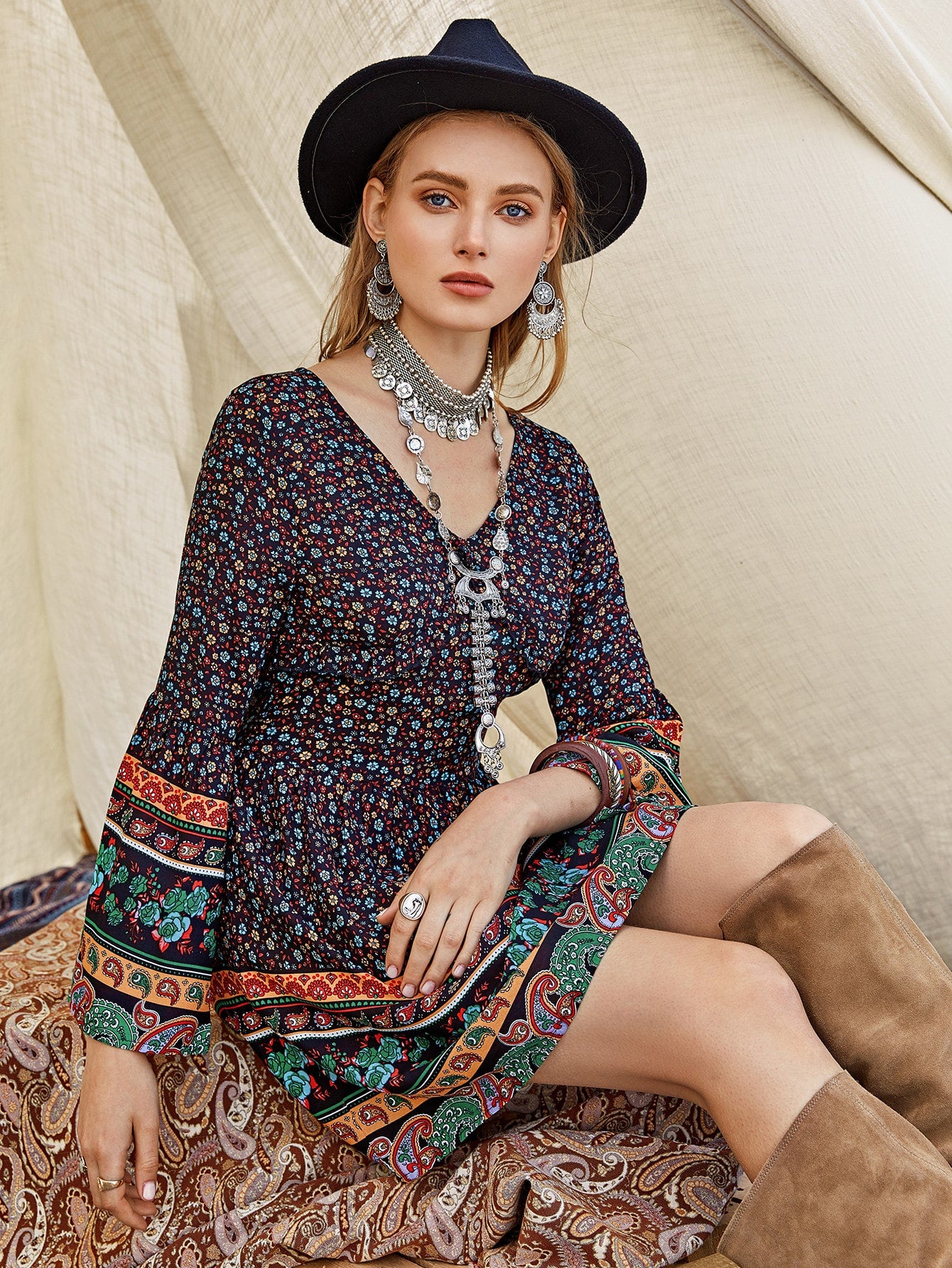 Ditsy Floral & Tribal Print Dress
