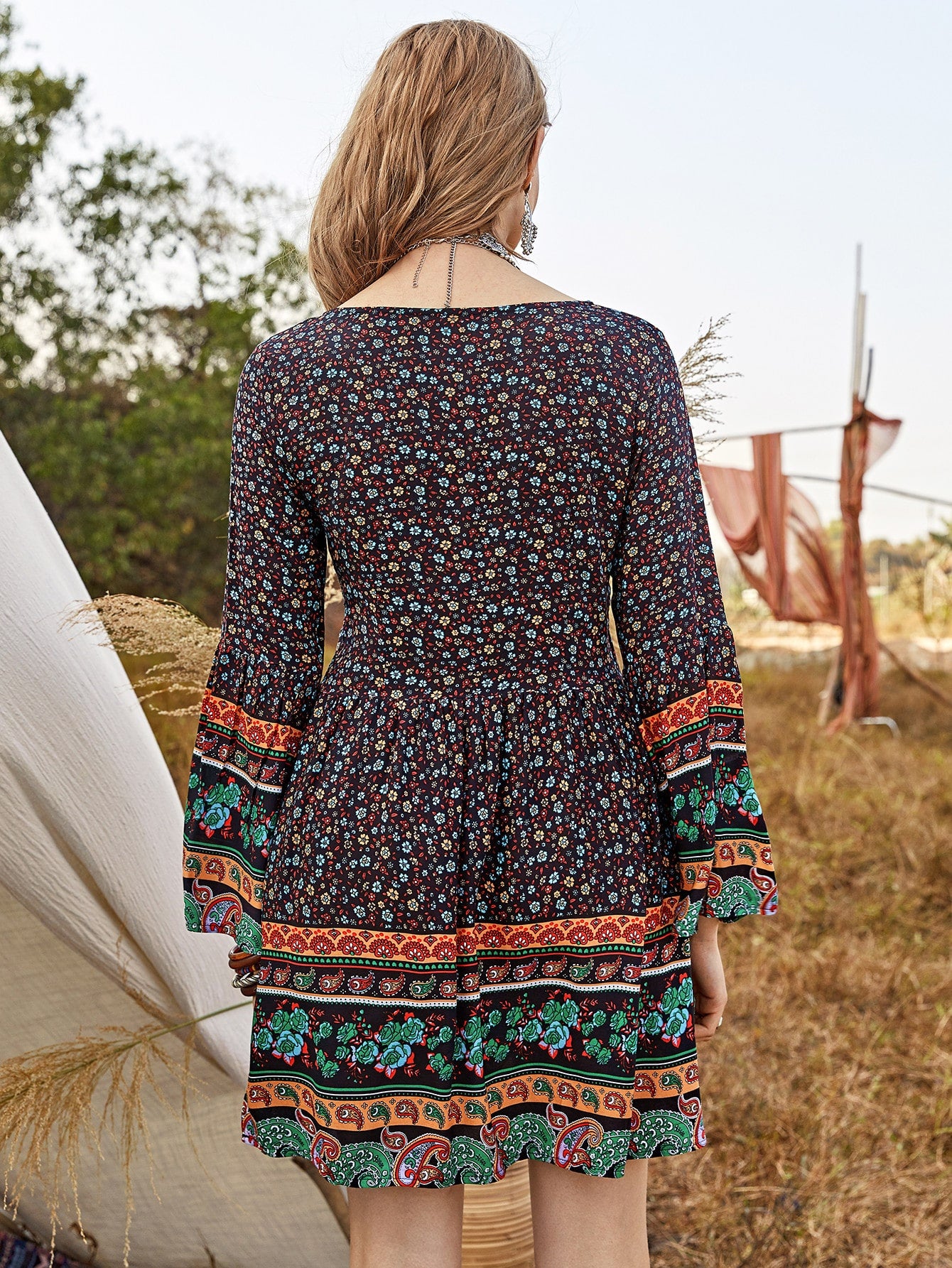 Ditsy Floral & Tribal Print Dress