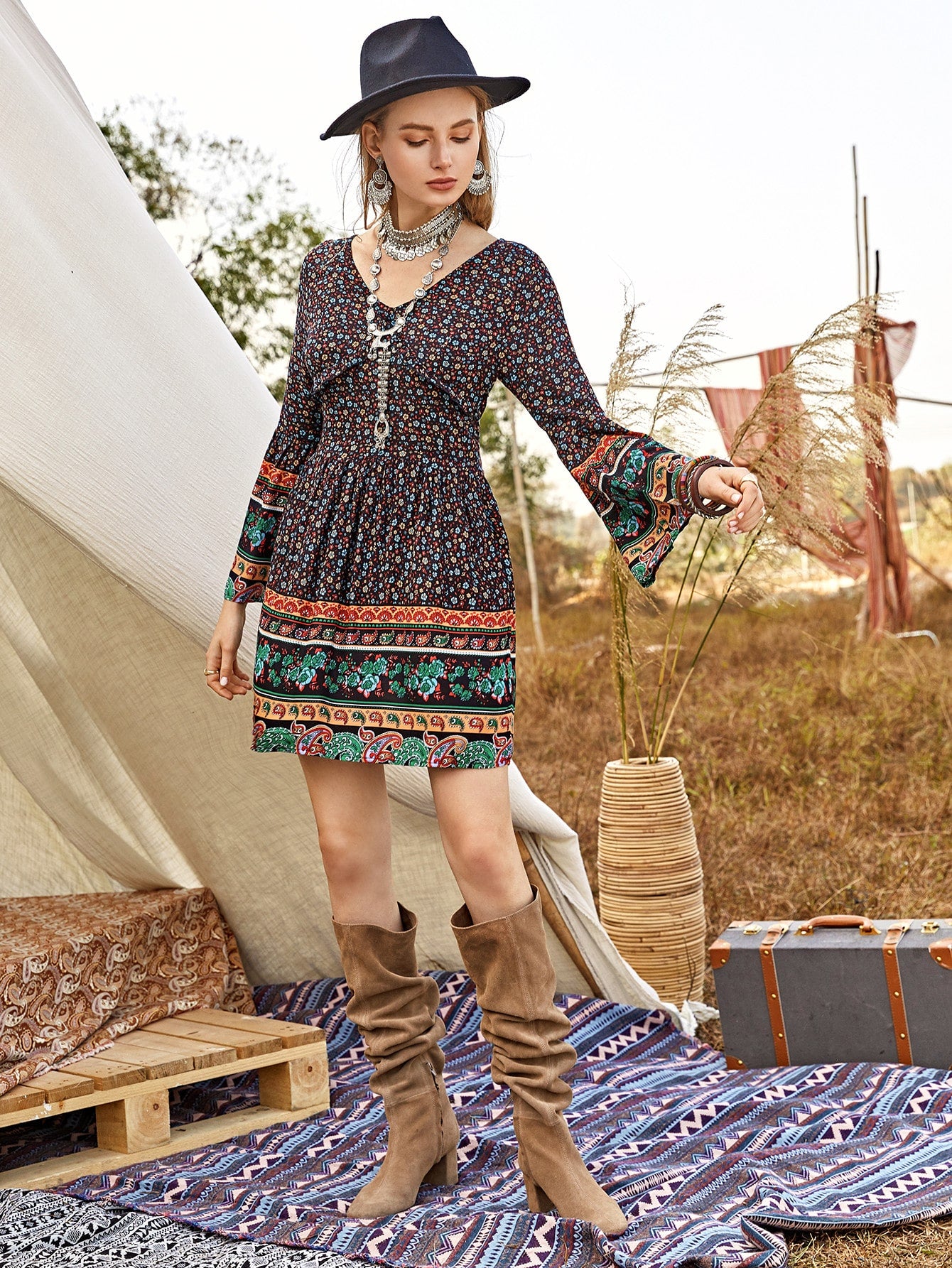 Ditsy Floral & Tribal Print Dress