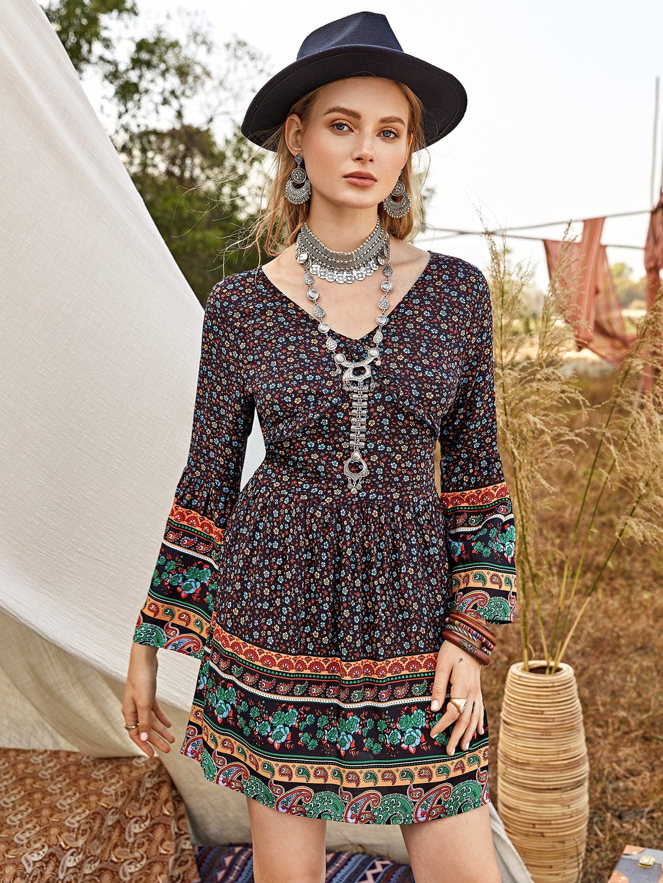 Ditsy Floral & Tribal Print Dress